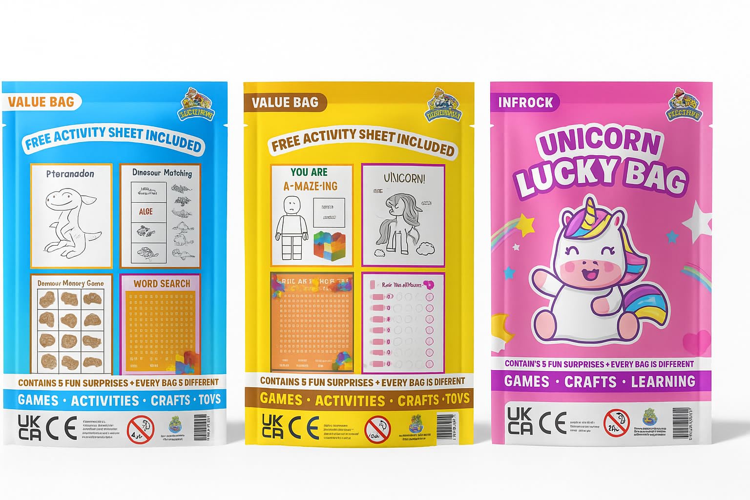 JRose Collections Kids Lucky Bag 3 Pack Set, Dinosaur, Unicorn & Bricks Value Bags with 5 Surprises Each, Toys, Games, Crafts - Image 3