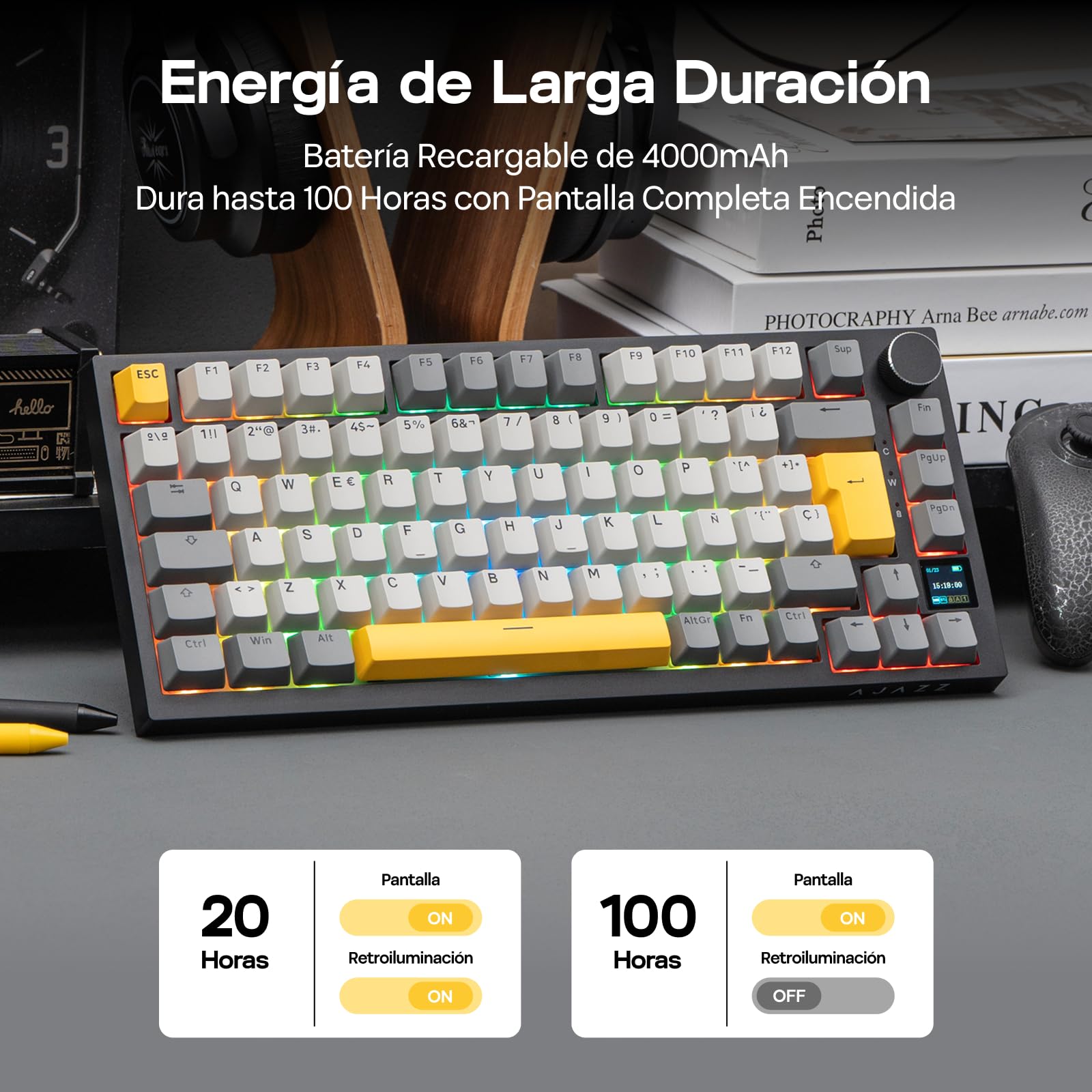 EPOMAKER Ajazz AK820 Pro ISO-ES Teclado Mecánico Inalámbrico, con Pantalla & Perilla, 2.4G/BT/USB, Iluminación RGB, Software Personalizado, Teclado Gaming de 75% Distribución Española para PC/Mac - 5