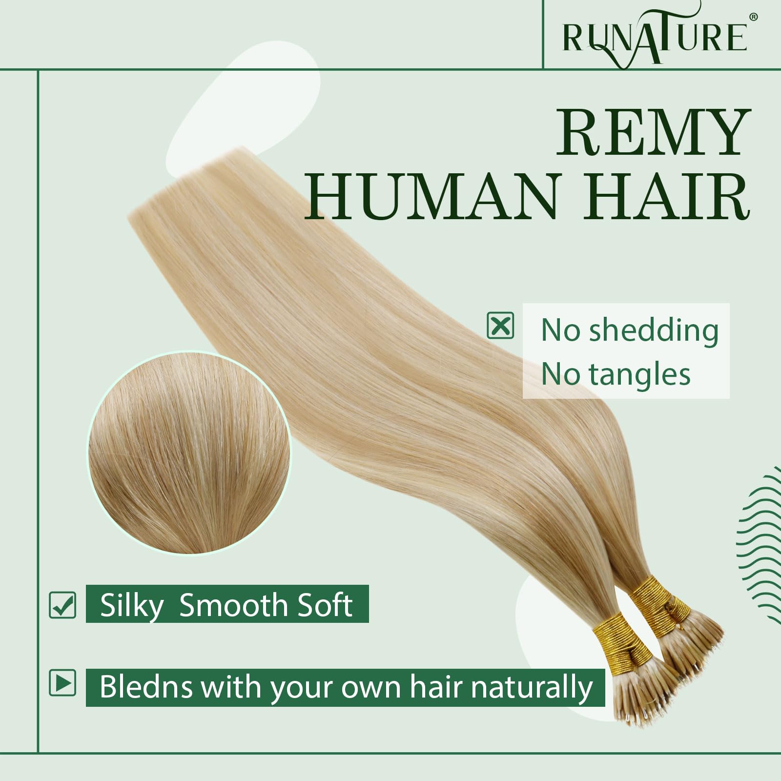 RUNATURE Nano Beads Hair Extensions Human Hair Highlight Medium Blonde Nano Hair Extensions Human Hair Blonde Invisible Nano Ring Straight Remy Real Hair 50g 50s 14 Inch #18/613 - Image 2