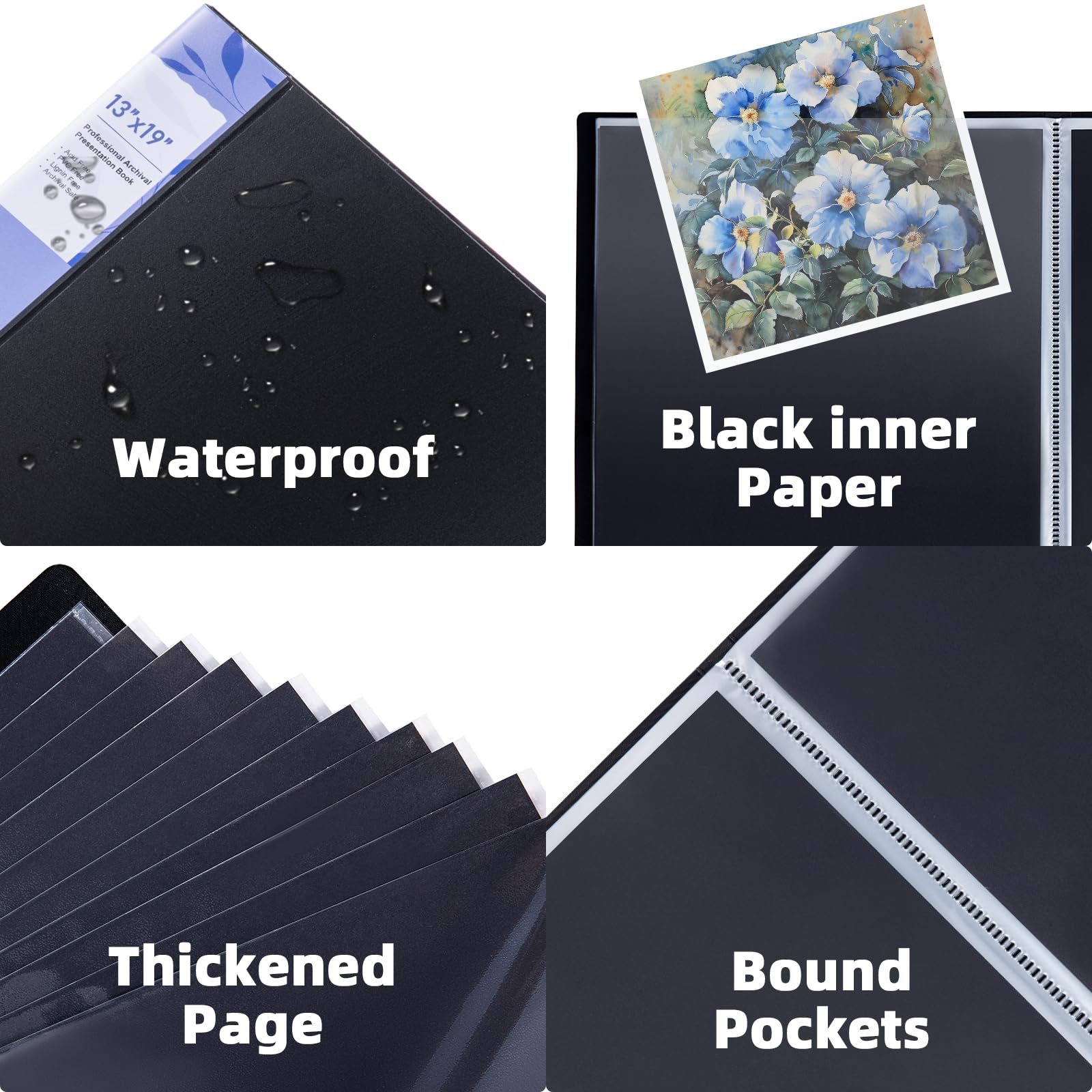 JJRING Portfolio d'art 33 x 48 cm avec pochettes en plastique, classeur à 24 poches, 48 pages, livre de présentation avec papier intérieur noir pour rangement d'œuvres d'art, noir