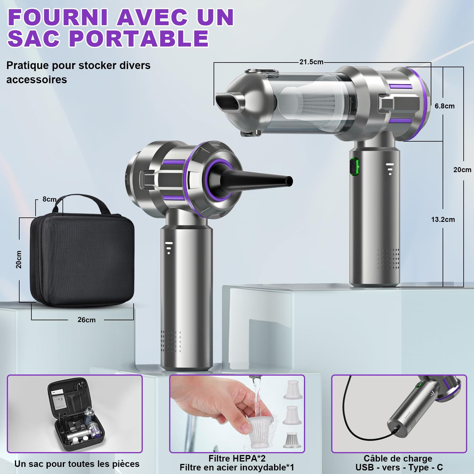 RABIGALA Aspirador de Mano 4 en 1, 18000PA Aspirador Coche Potente, Mini Aspiradora de Mano Sin Cable Portátil con Motor sin escobillas para Coche, Hogar, Oficina