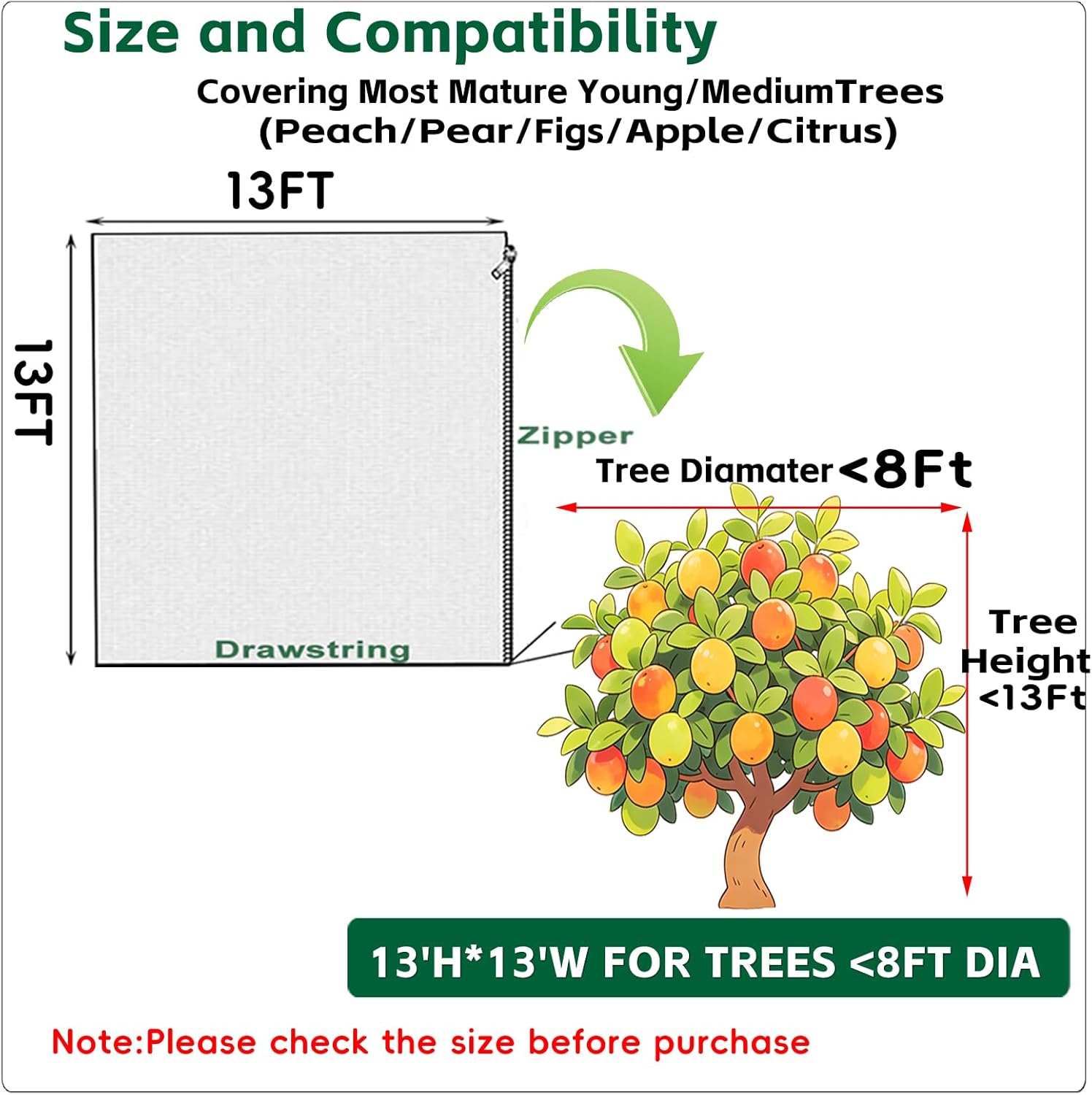 13x13Ft Extra Large Fruit Tree Netting Cover with Zipper & Drawstring, Garden Mesh Netting for Protecting Plants from Birds,Squirrels &Bug,Ultra Fine Weather Resistant Tree Netting