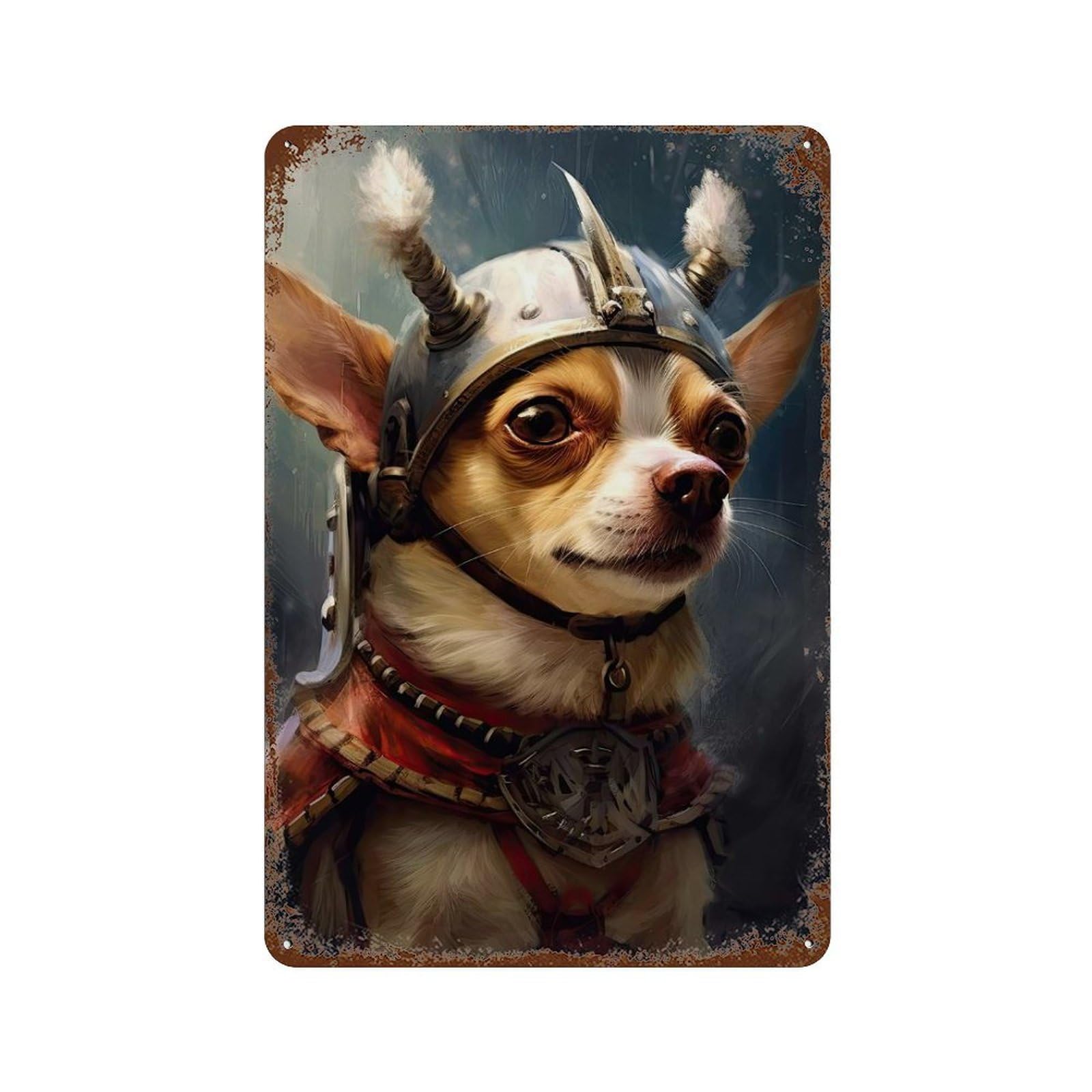 Aged Metal Wall Plaque with Chihuahua Viking Design 11.8"x7.9", for Basement, Hobby Room And Garage Decor, Classic Wall Plaque