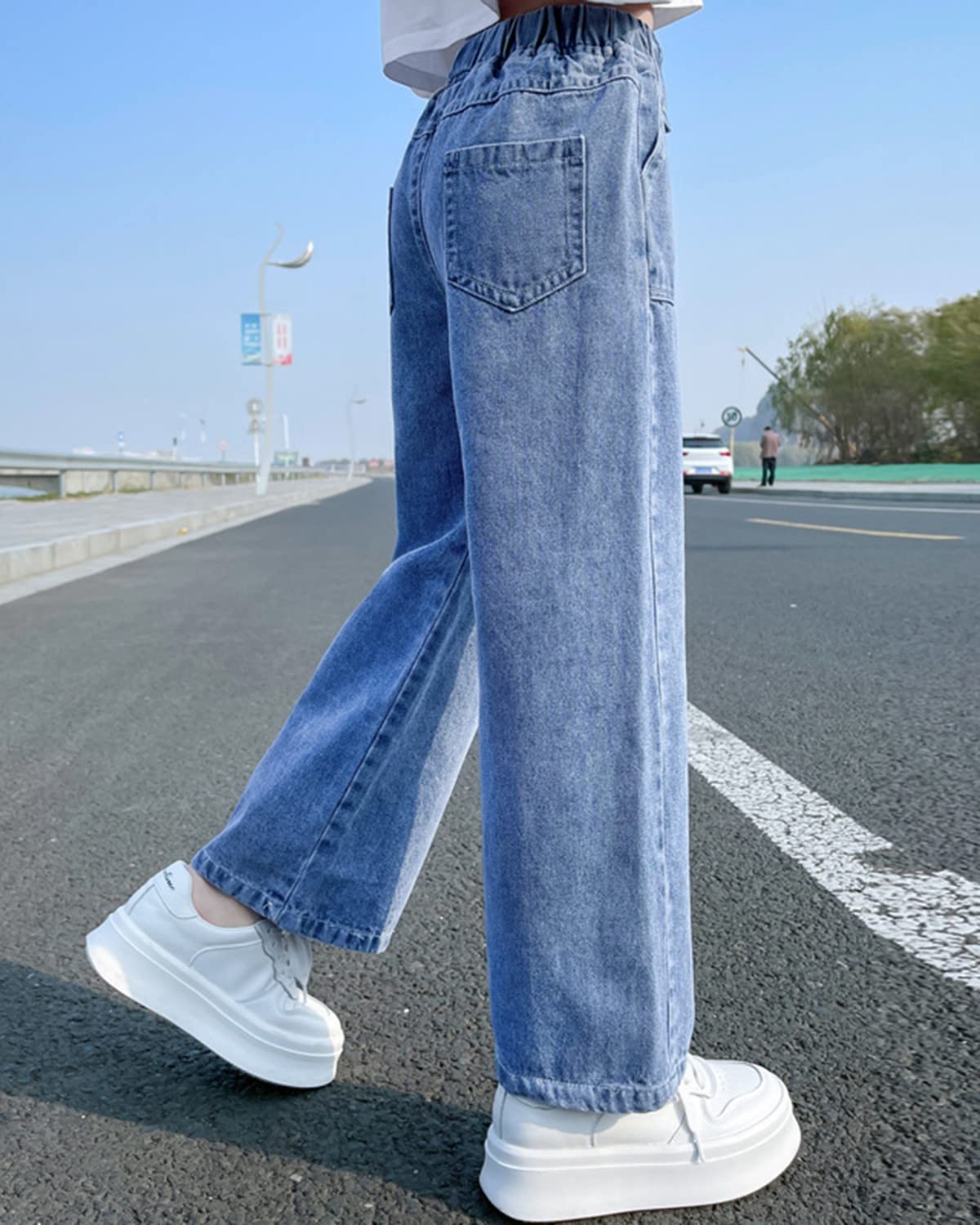 Rolanko Jeans Baggy pour Filles Pantalon en Denim Patchwork à Taille Élastiquée
