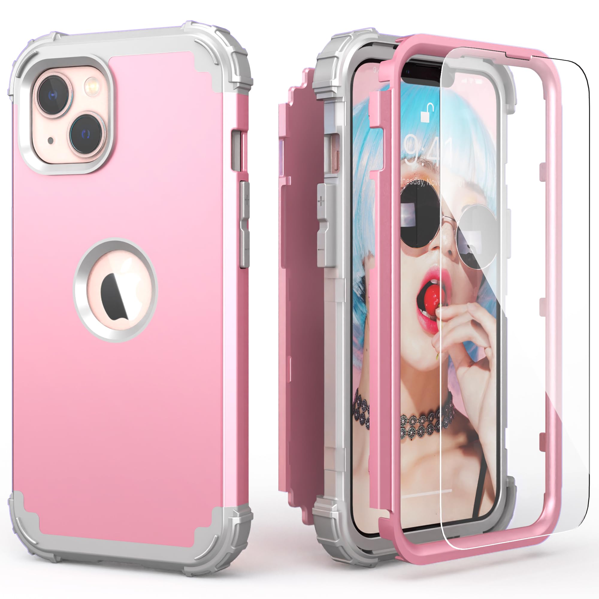 IDweel for iPhone 13 Case with Screen Protector, for iPhone 14 Case, Hybrid Shockproof Heavy Duty Protection Hard PC Cover Soft Silicone Sturdy Bumper