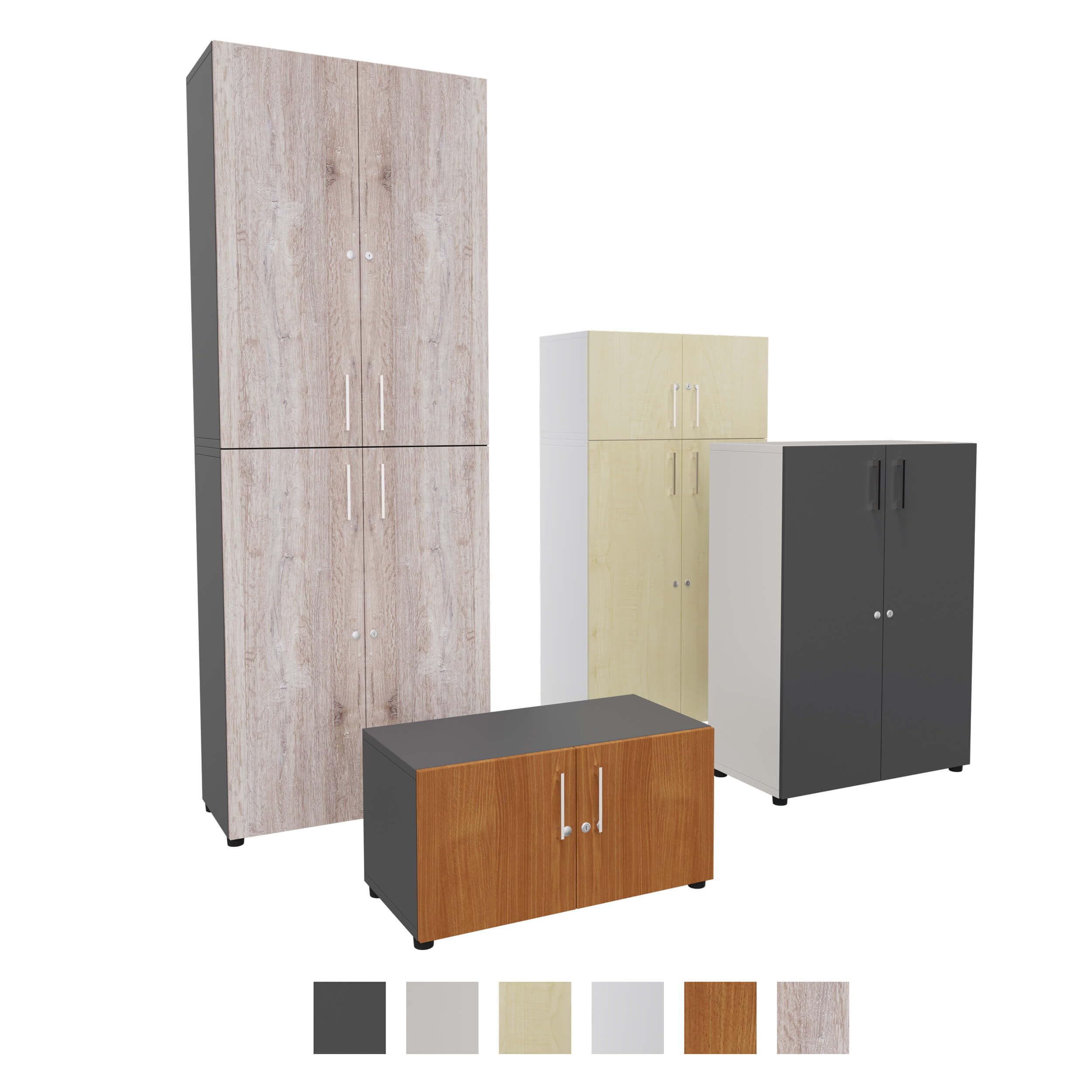 Eigentlich Aktenschrank Holz B80xT40cm, Stabiler Büroschrank in versch. Größen und Farben, Mehrzweckschrank abschließbar, Büromöbel (Korpus Lichtgrau, Front Anthrazit, 4OH - 80x40x153cm)