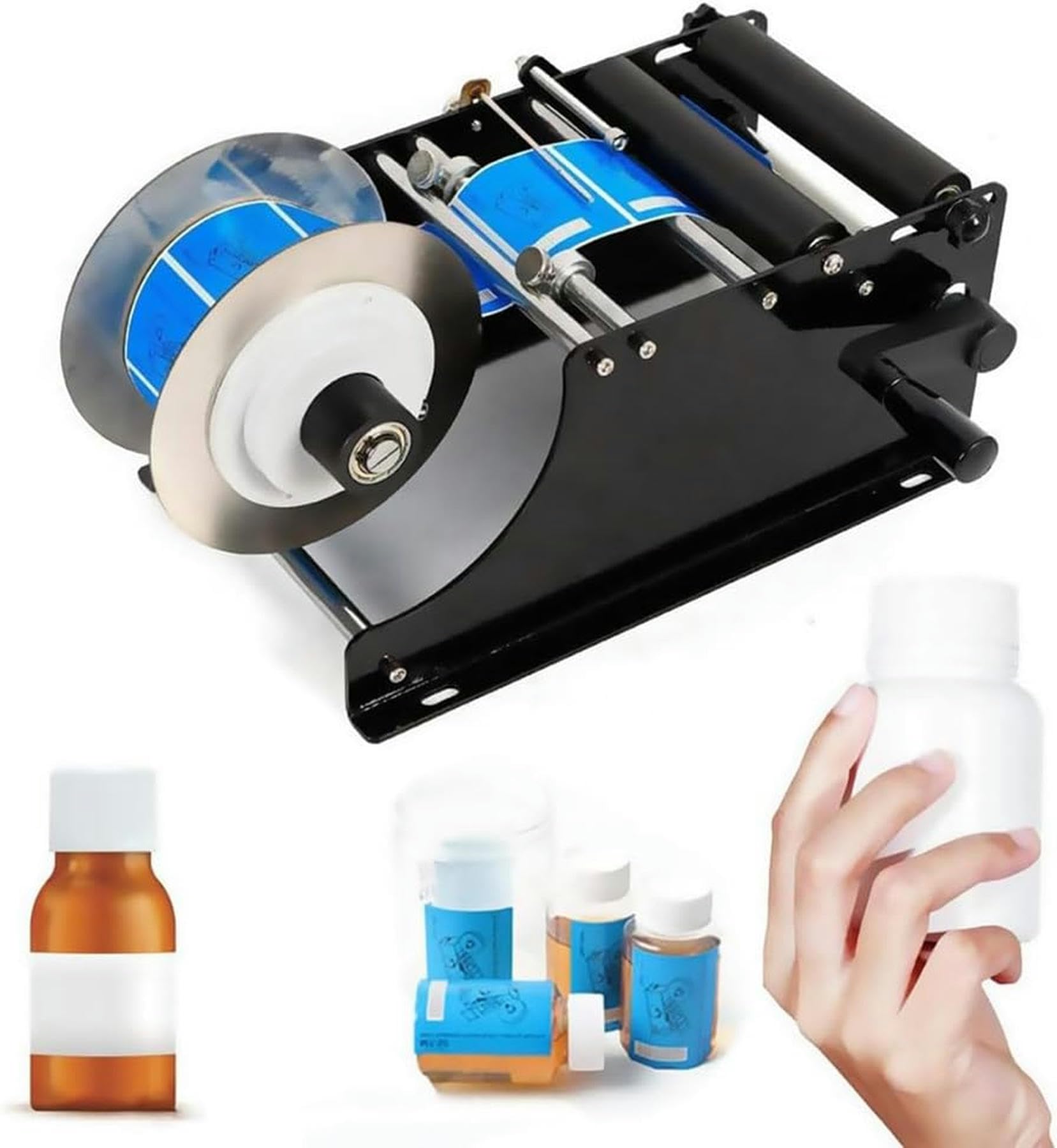 Manuelle Etikettiermaschine für runde Flaschen, selbstklebender Etikettenapplikator, Etiketten 10-150 mm, 30 Etiketten/Minute für Glas- und Kunststoffbehälter