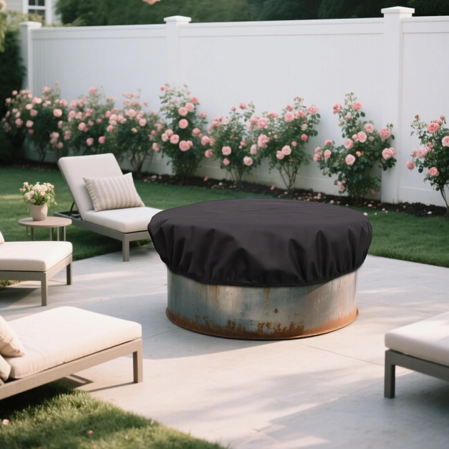 Oxford Fabric 600D Fire Pit Cover, Round Outdoor, for 48 Inch Pits Fire, Windproof, Waterproof, Snow, Mud Resistant, Black 56 X 4 Inches