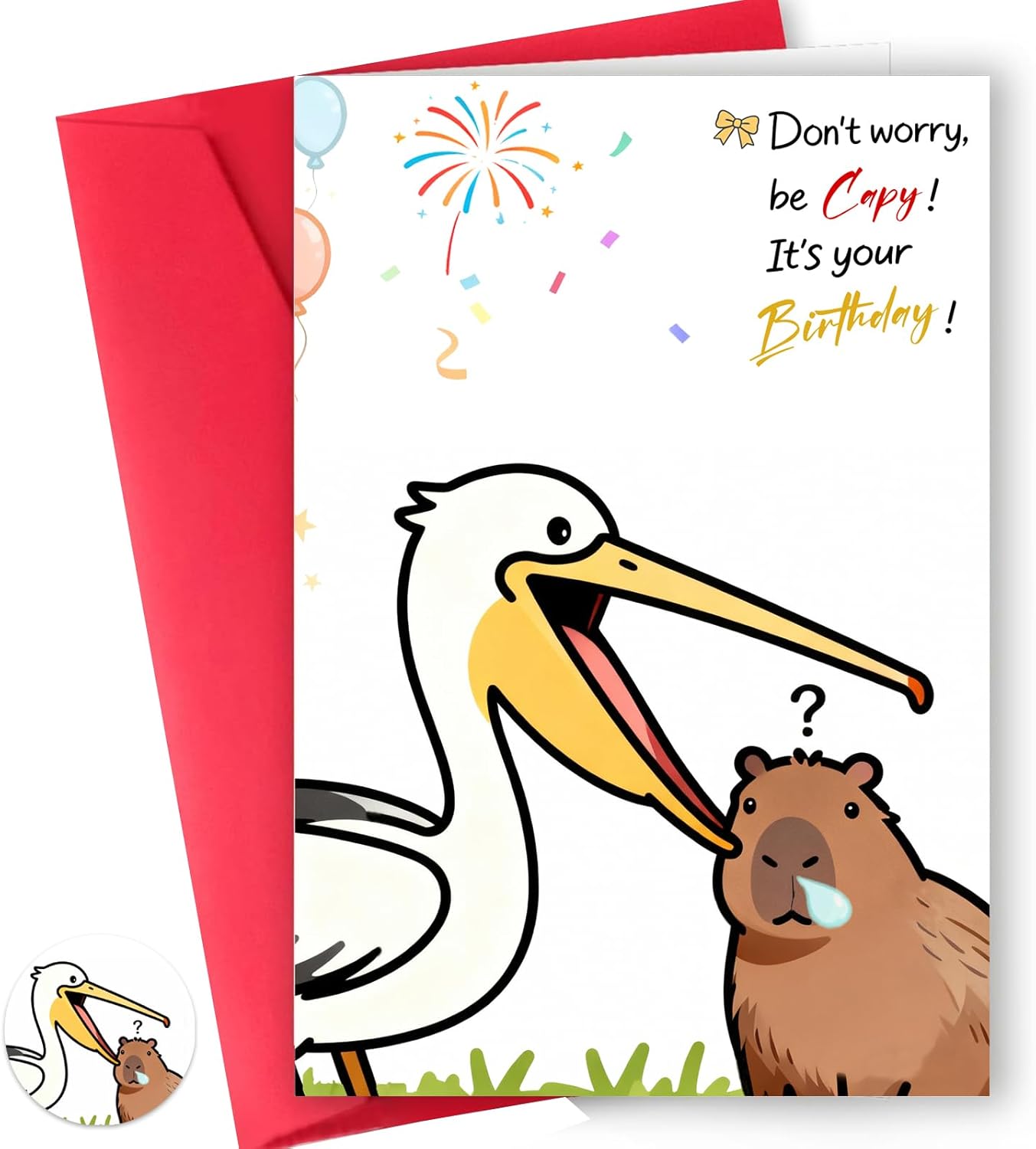 1 Pack Funny Capybara Birthday Card with Envelopes & Stickers, Assorted “Capy Birthday” Animal Pun, 9 Unique Designs, 4x6", for Capybara Lover Gifts, Capy Themed B-day Party Favor (Pelican Swallow)