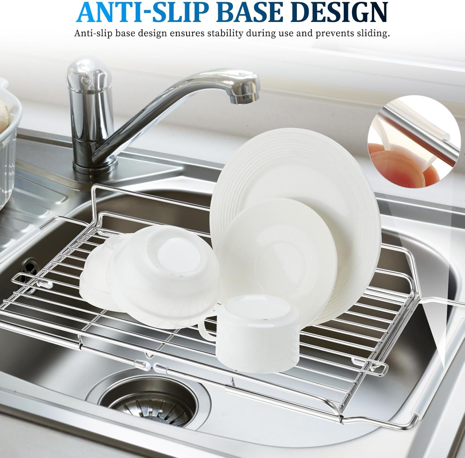 BESTOYARD Telescopic Over-the-Sink Dish Rack Stainless Steel Foldable Kitchen Sink Storage Rack with Cup Hooks Retractable Drying Shelf for Kitchen Organization