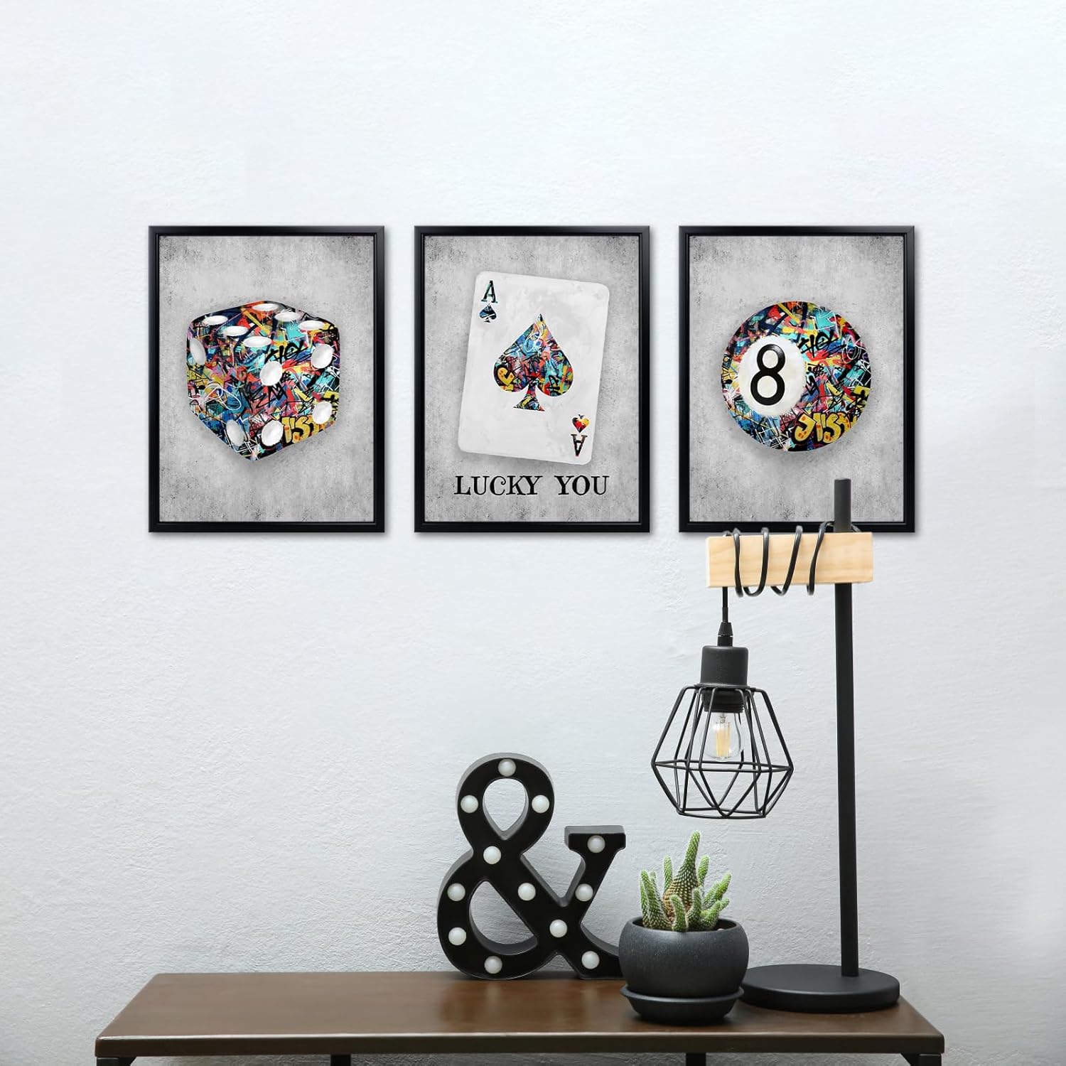 Kalormore Framed Stylish 8 Ball Wall Art Graffiti Canvas Picture Vintage Ace Cards Poster Prints Artwork Aesthetic Game Room Decor