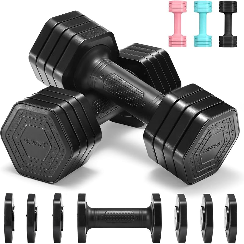 EQUIPRO Juego de mancuernas ajustables, 4 en 1, juego de mancuernas para mujeres, pesas para mujeres en casa, 2 lb 3 lb 4 lb 5 lb con mango de goma suave de TPU para entrenamiento de ejercicio en el gimnasio en casa