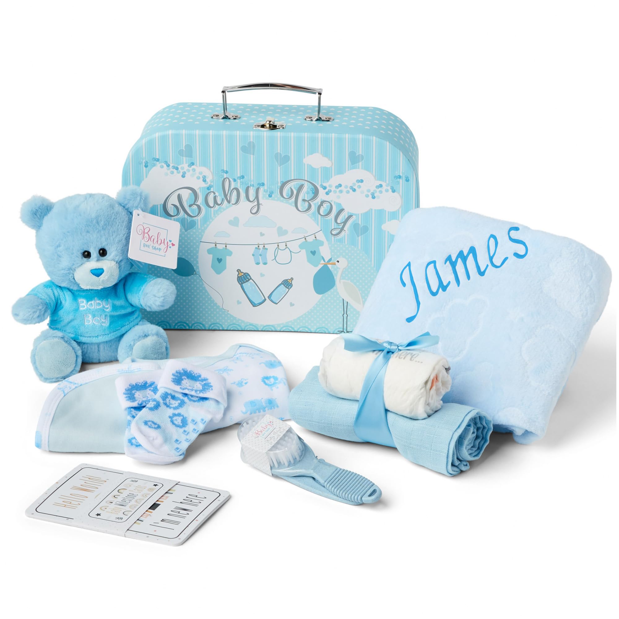Personalised Baby Gifts - Personalised Baby Blanket in Blue Hamper - Includes Baby Essentials Newborn, Teddy Bear, Newborn Baby Boy Essentials & Baby Boy Gifts