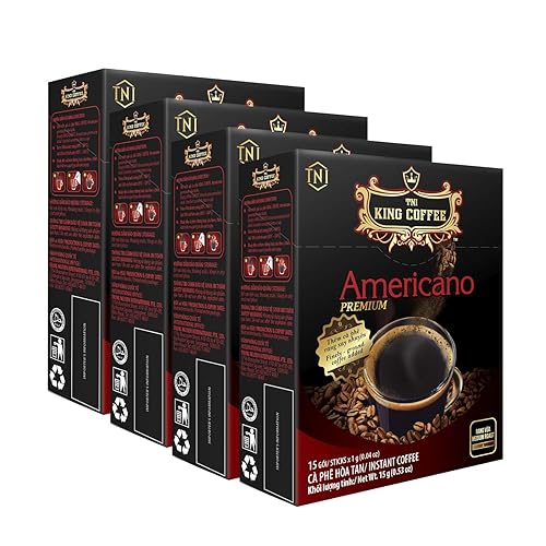 TNI King Coffee Americano Premium, café vietnamita de tostado medio, finamente molido, acidez suave, 15 barras x 1 g (0.04 oz), paquete de 4
