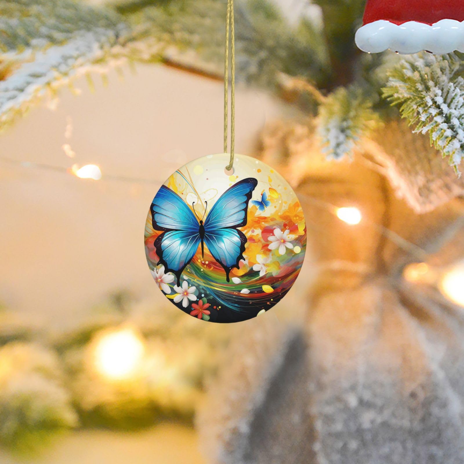 Christmas Ornaments for Christmas Tree Decoration Ceramic Hanging Colorful with Butterfly Ornament with Gold Ribbon Crafts Round Pendant for Keepsake Gifts Glass Xmas Decor Party Supplies