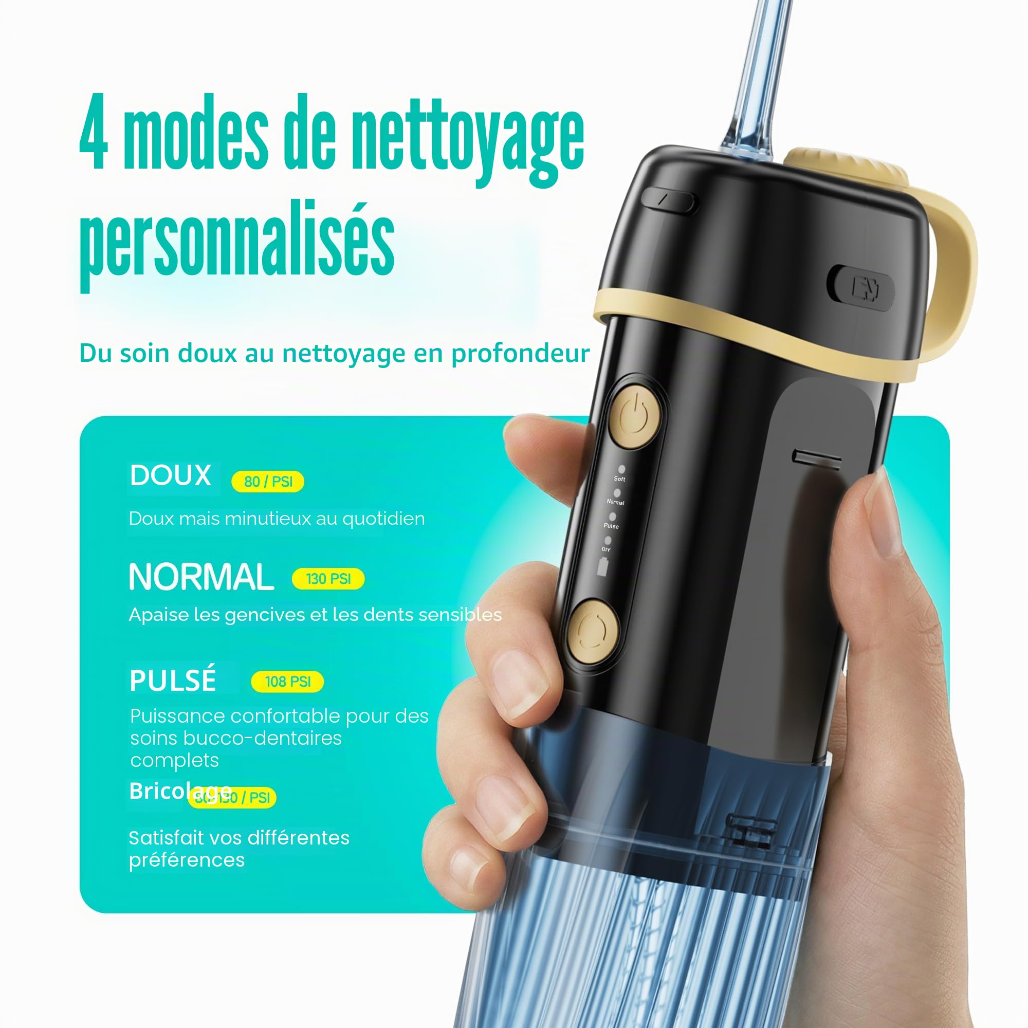 Runstar Hydropulseur Jet Dentaire Électrique Mini Portable, 160ml réservoir, 4modes (DIY/Normal/Impulsion/Doux) - Élimine 99% de la plaque dentaire, Soins Hygiène Dentaire pour Voyage et Maison