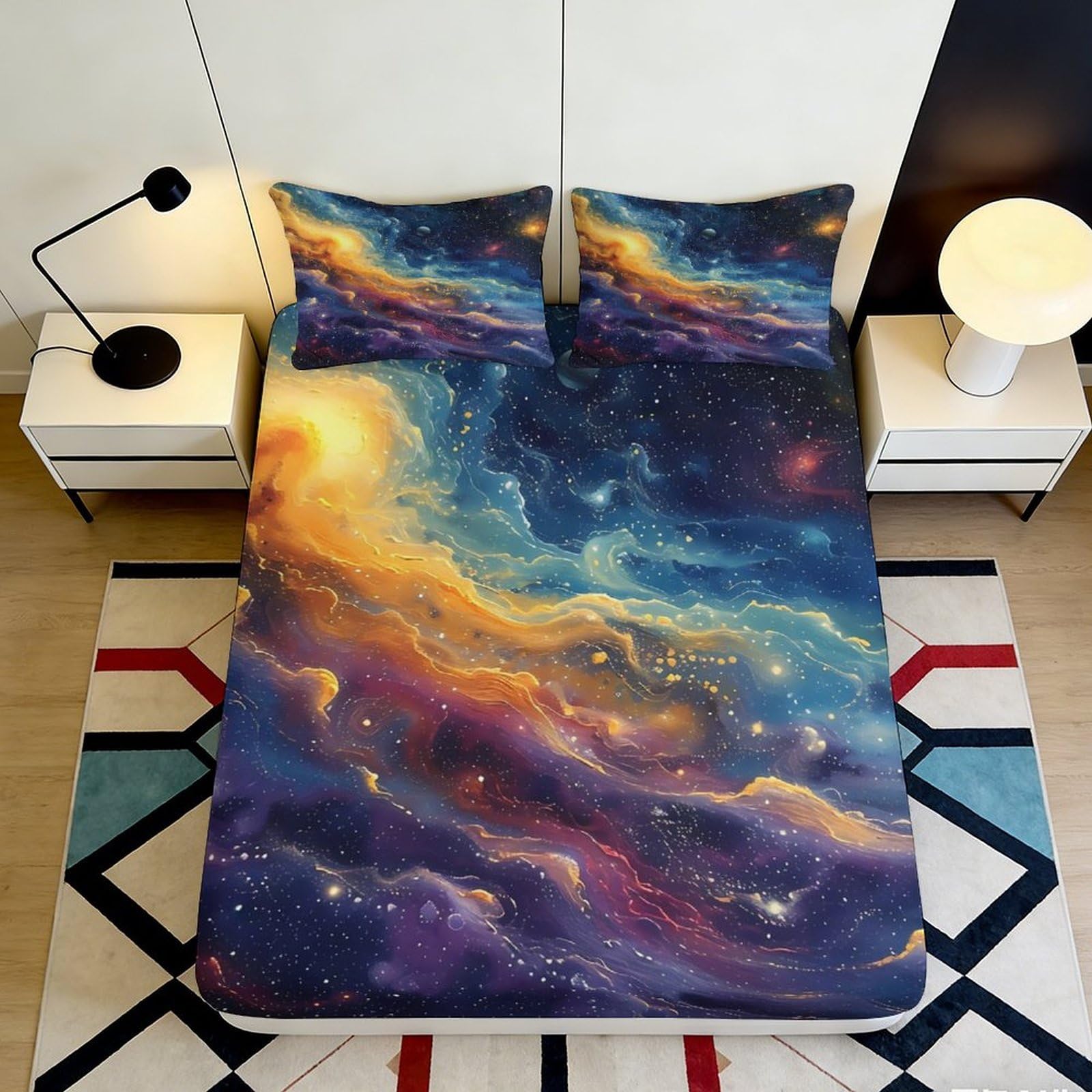 Zfldkwgb Style-6 3D Printed Galaxy Starry Sky Fitted Sheet Microfiber Soft Slip-Resistant Cosmic Nebula Mattress Cover For Bedroom Decor 90X200x25cm