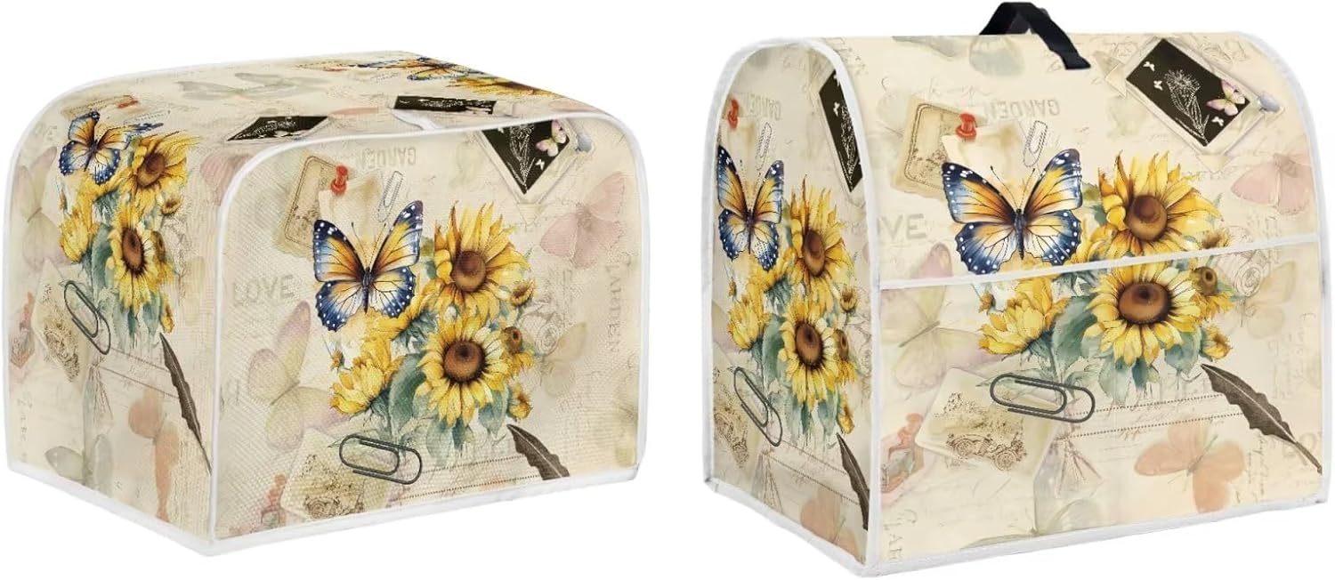 Kitchen Toaster and Stand Mixer Cover Dust Cover Set, for 5-8 Qt Stand Mixer and 4 Slice Toaster Stain Resistant Kitchen Appliance Cover, Ideal Gift for Women, Butterfly Sunflower Retro