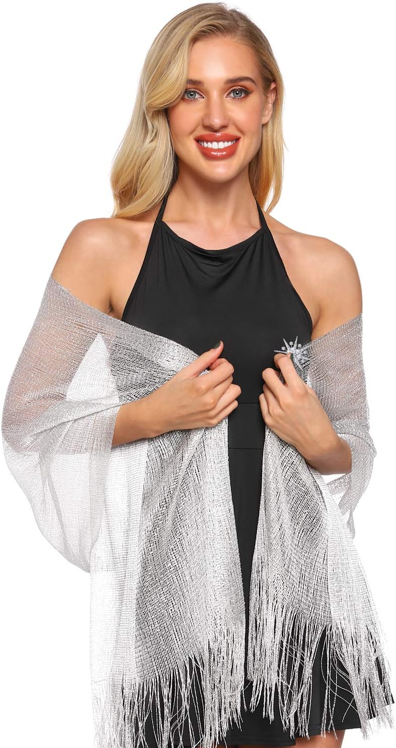 SATINIOR Metallic Shimmering Shawls and Wraps for Evening Dress Women's Scarf with Snowflake Clip for Evening Party Wedding