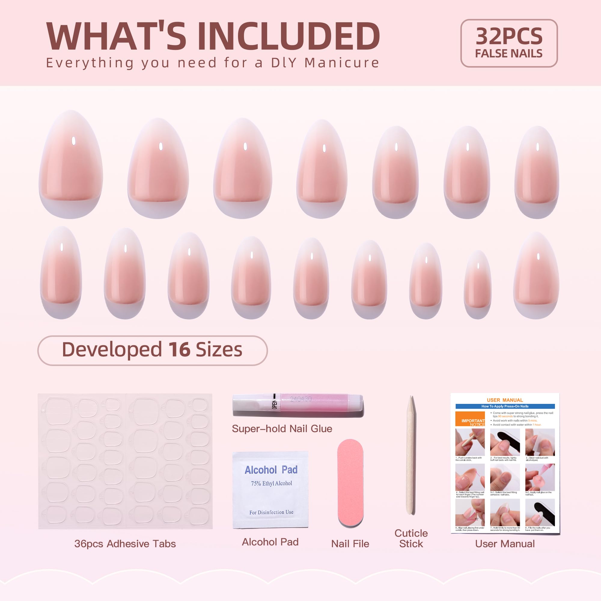 Press On Nails Short Almond Gradient False Nails With Glue, 32Pcs Thicken Soft Gel Base Pink Stick On Nails in 15 Sizes, Reusable Ombre Glue On Fake Nails for Women (Gradient-Almond)
