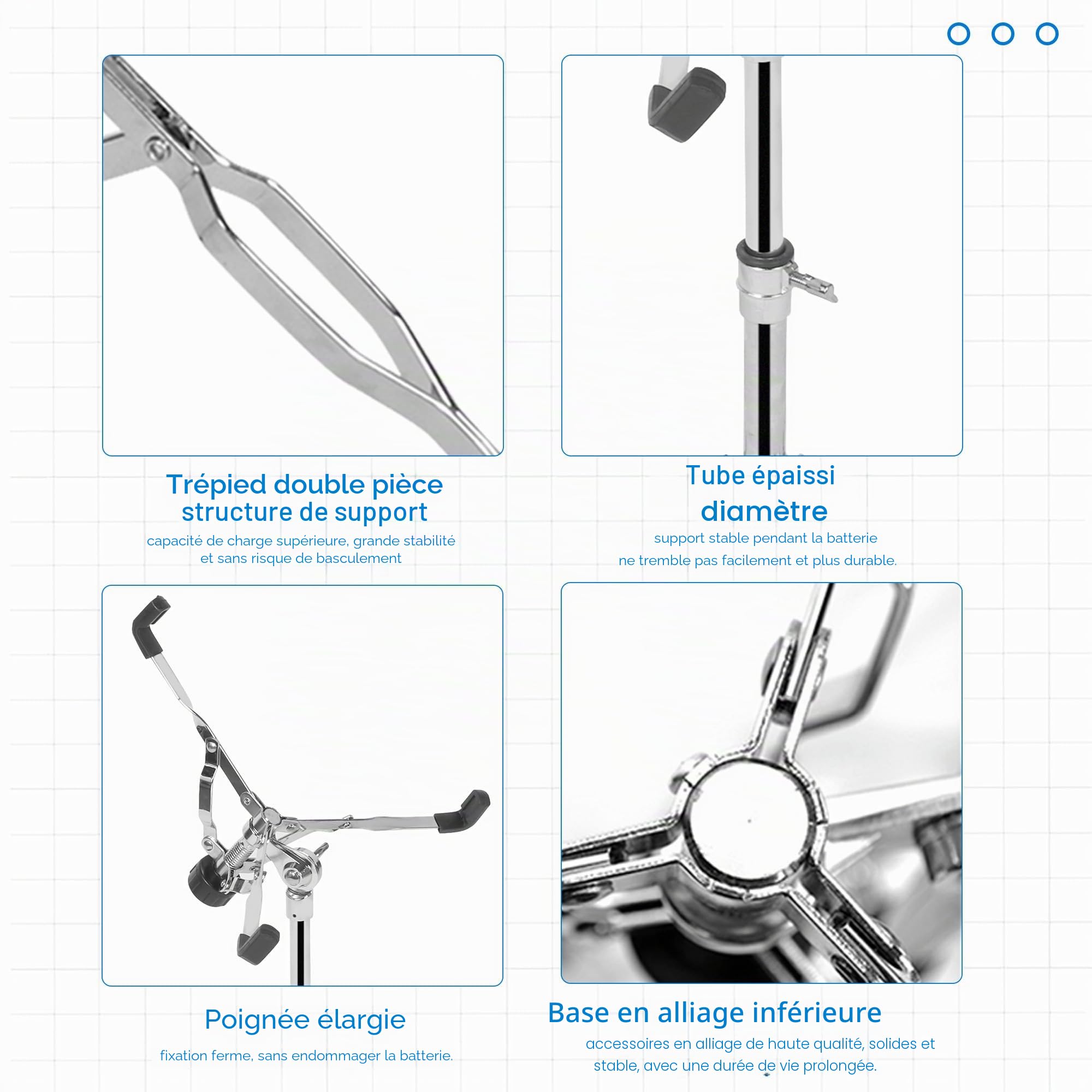 aleawol Support de caisse claire de 25,4 à 38,1 cm, trépied à double contreventement réglable en hauteur de 40,6 à 55,9 cm, support de batterie pliable pour la pratique et la performance sur scène