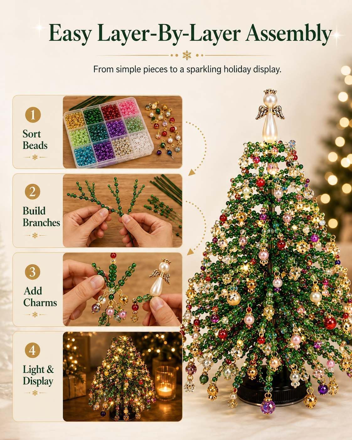 DIY Beaded Christmas Tree Kit for Adults, 3D Crystal Bead Holiday Craft Set with Colorful Beads, Ornament Charms, Metal Frame and Angel Topper, Handmade Tabletop Christmas Decor Gift