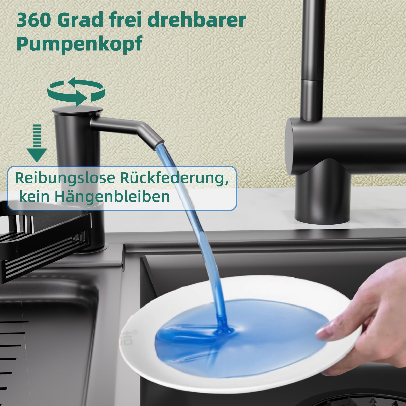 Seifenspender Für Küche Mit Schwammhalter – 360° Drehbar, 1m Schlauch, Gebürstetes Nickel