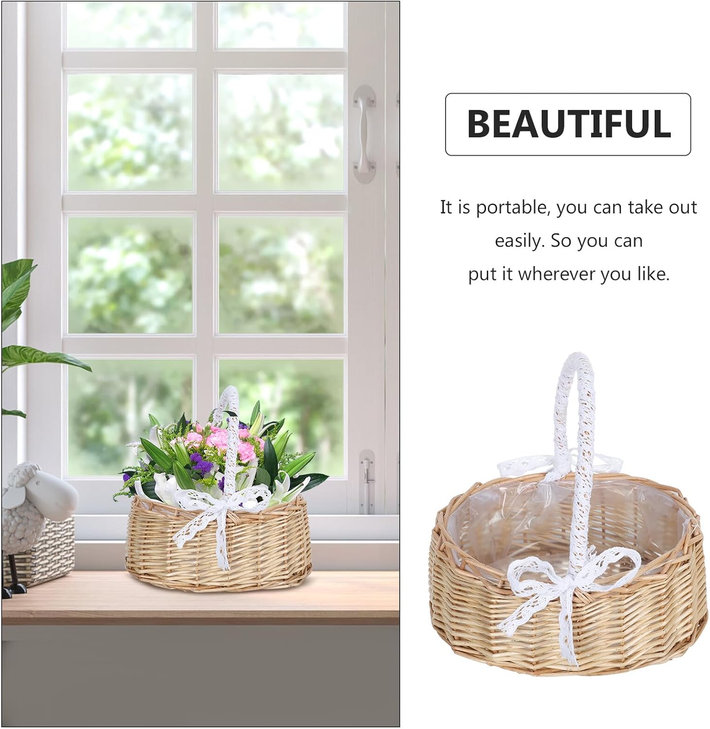 Handmade Floral Arrangement Basket with Handle Oval Lace Flower Girl Basket for Wedding Ceremony Decoration and Household Storage for Party and Photo Prop