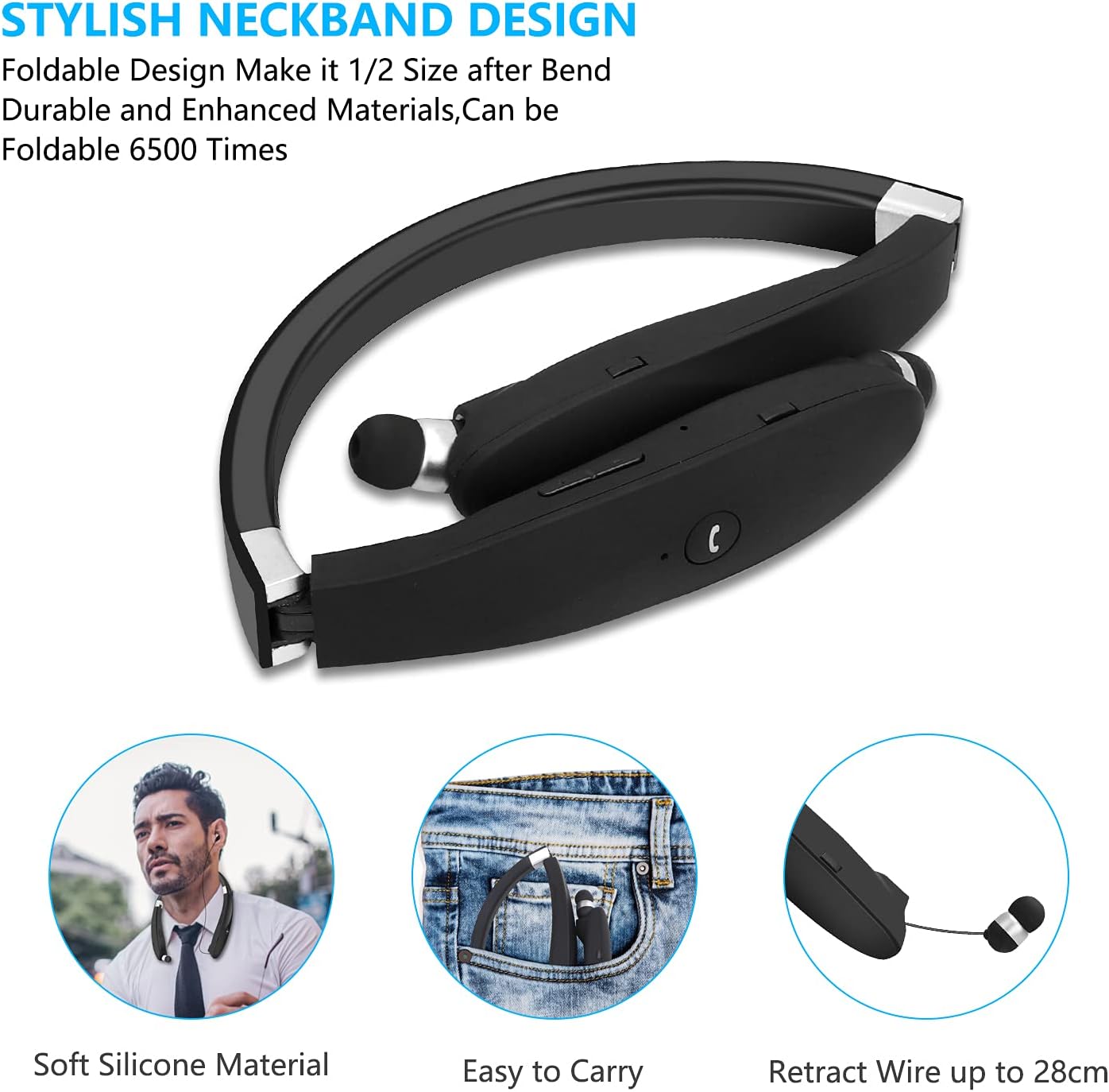 APPINESSEY Bluetooth Foldable Headphones, Wireless Neckband Headset with Retractable Earbuds Noise Cancelling with Mic Sports Earphones for Running, Workout, Gym (Black)