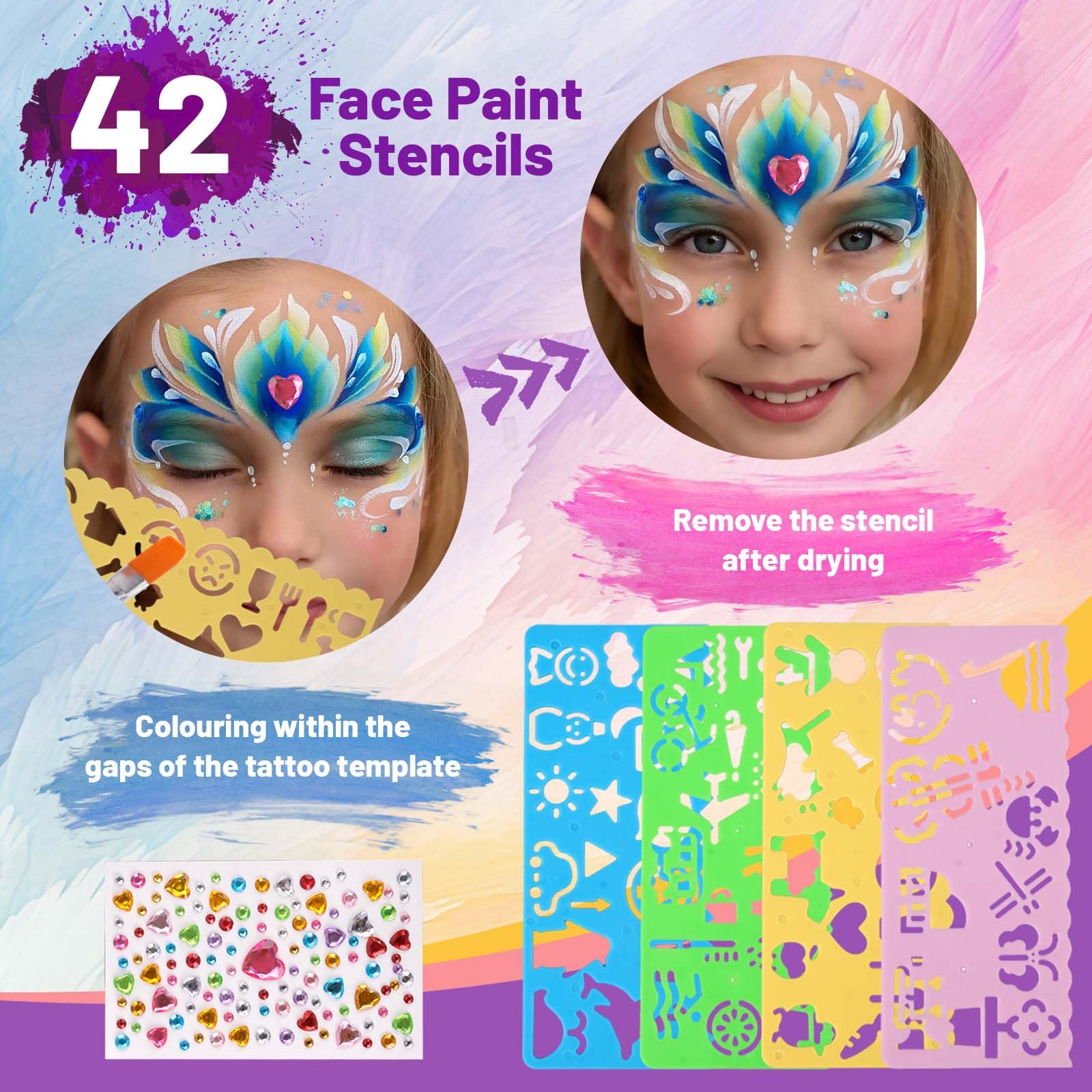 Body Painting, 42 Colori Truccabimbi Kit con 10 Pennelli e 4 Modelli per Tatuaggi, Non Tossico Trucco Viso a Base d'acqua, Trucca Bimbi Viso Bambini per Carnevale, Pasquale, Halloween