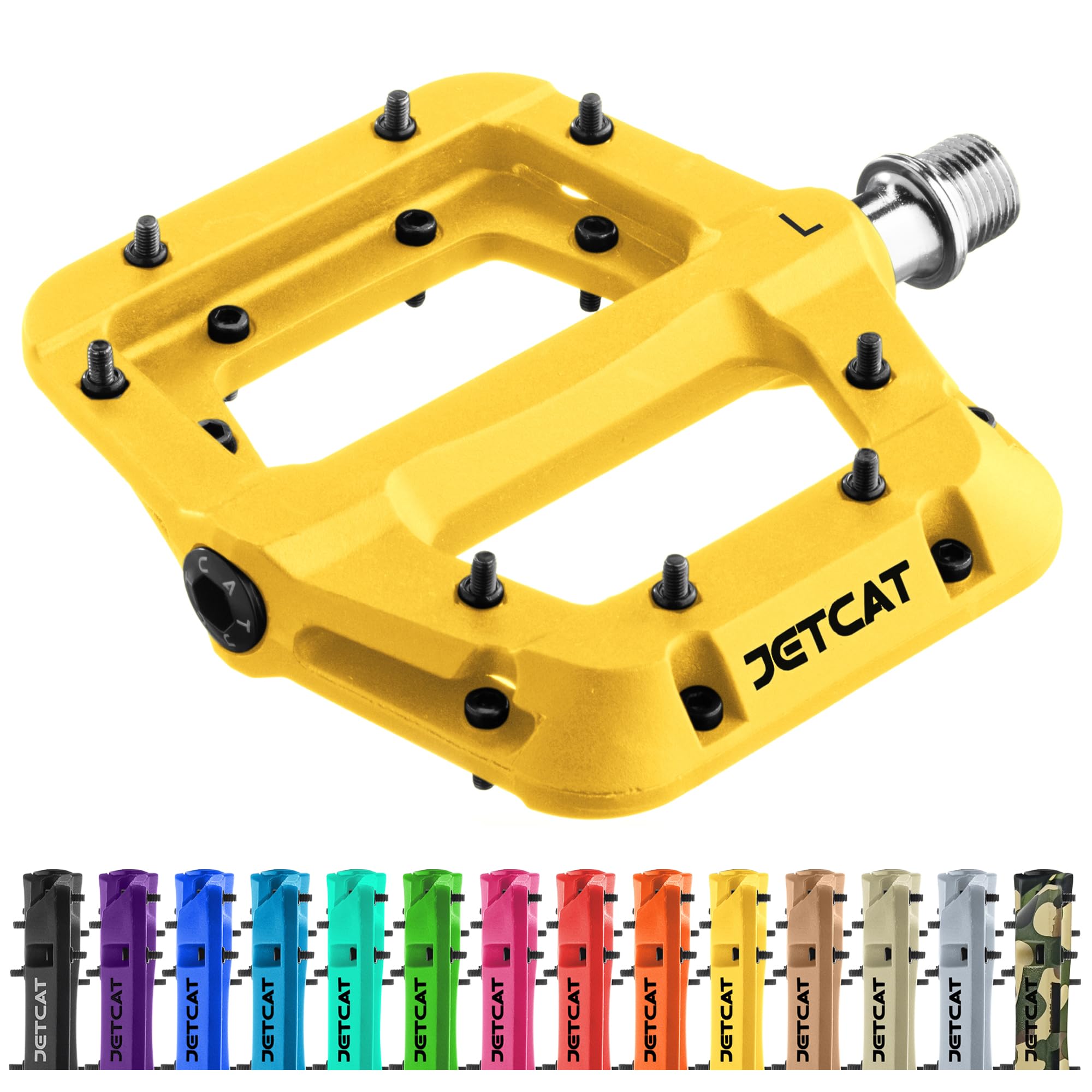 JETCAT Mountain Bike Pedals Flat - MTB Pedals Flat, Bicycle Pedals for BMX/MTN/Road/Gravel/EBike, BMX Pedals, Platform Pedals, Adults & Kids Bike Replacement - Yellow 9/16