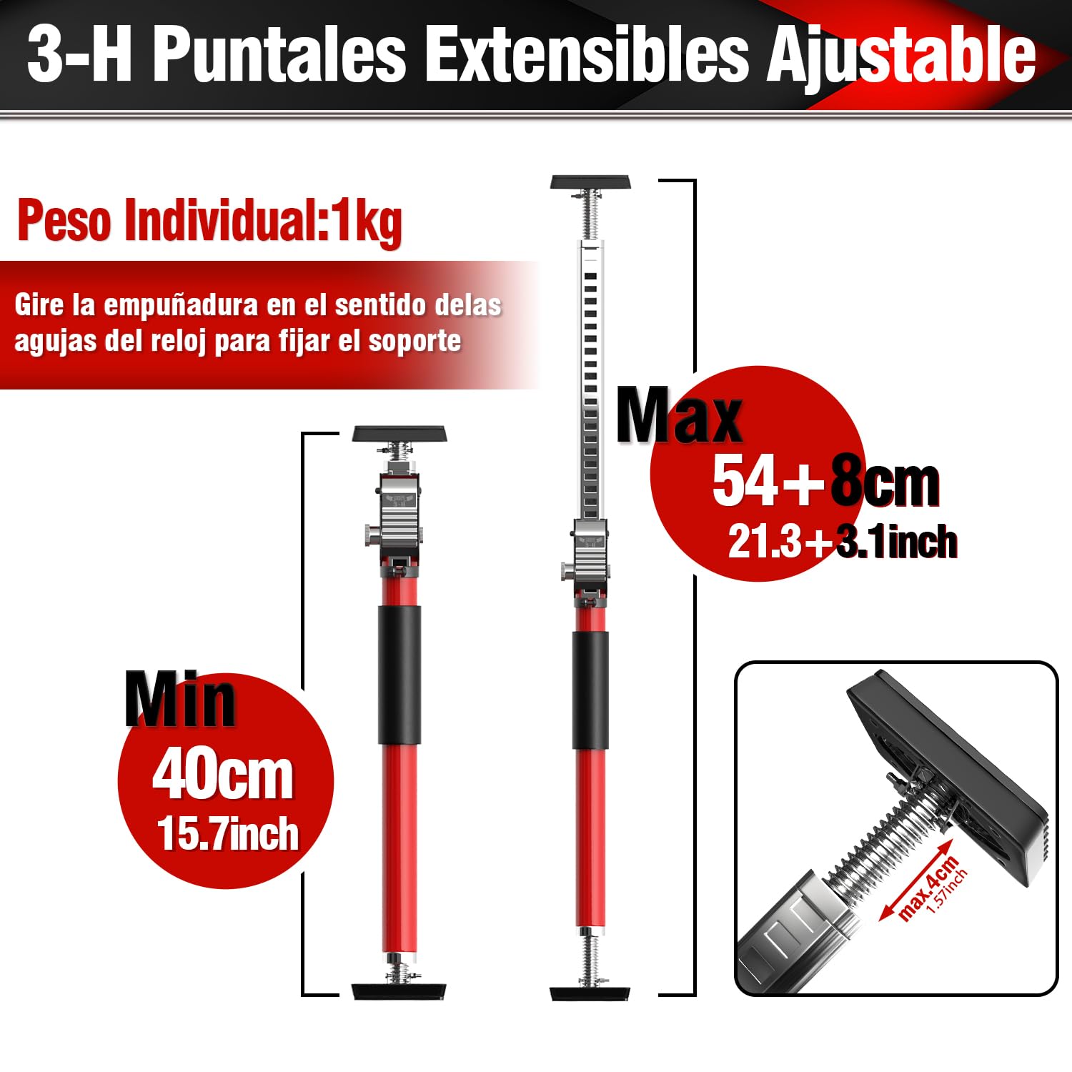 3-H Puntal Expansión Telescópico Reforzado 1 Pieza,Tensor Soporte Puerta Techo 40-62cm Carga 50KG Puntales de Obra Ajustable Puntales Extensibles Acero Robusto para Construcción Obras(Rojo)