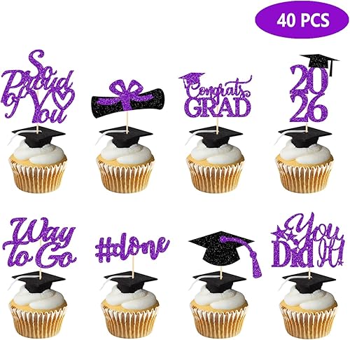 Miniatura 2 de Decoraciones de graduación 2025 morado, adornos para cupcakes de graduación 2025 morado y negro, suministros de decoración para cupcakes clase de
