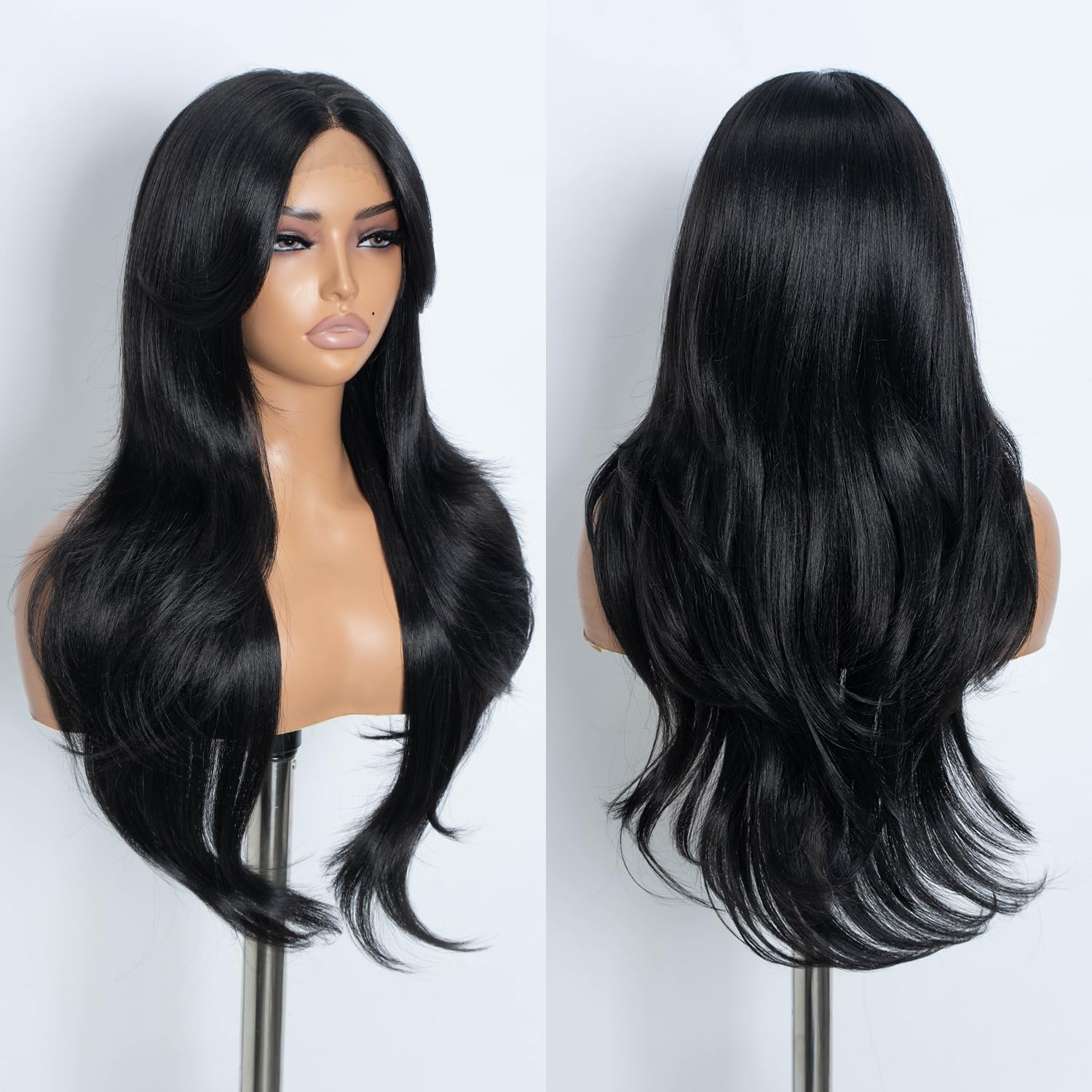 Style Icon Long Layered Wig with Curtain Bangs Synthetic Lace Front Wig 26 inch Black Layered Wave Wig for Women 13x5x1 Middle Part Pre Plucked Heat Resistant Synthetic Wigs for Daily Party Use