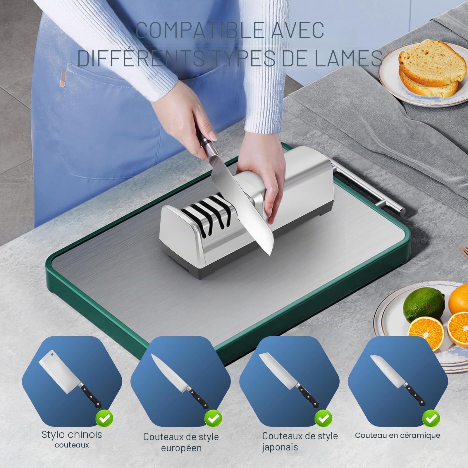 Aiguiseur de couteaux électrique MusyVocay 100% diamant, aiguiseur de couteaux de cuisine professionnel à 3 niveaux et 20 degrés avec guide d'angle de précision pour un affûtage grossier (Argent)