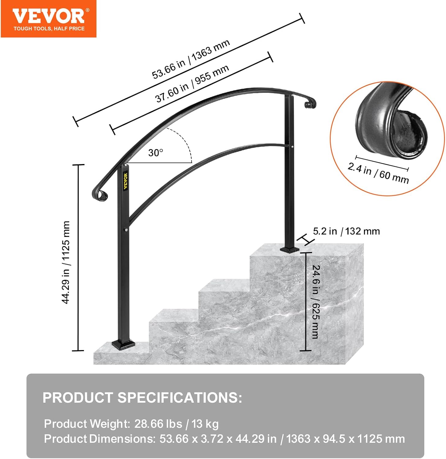 VEVOR 4-Step Handrail Fits 1 or 4 Steps Matte Black Stair Rail Wrought Iron Handrail with Installation Kit Hand Rails for Outdoor Steps