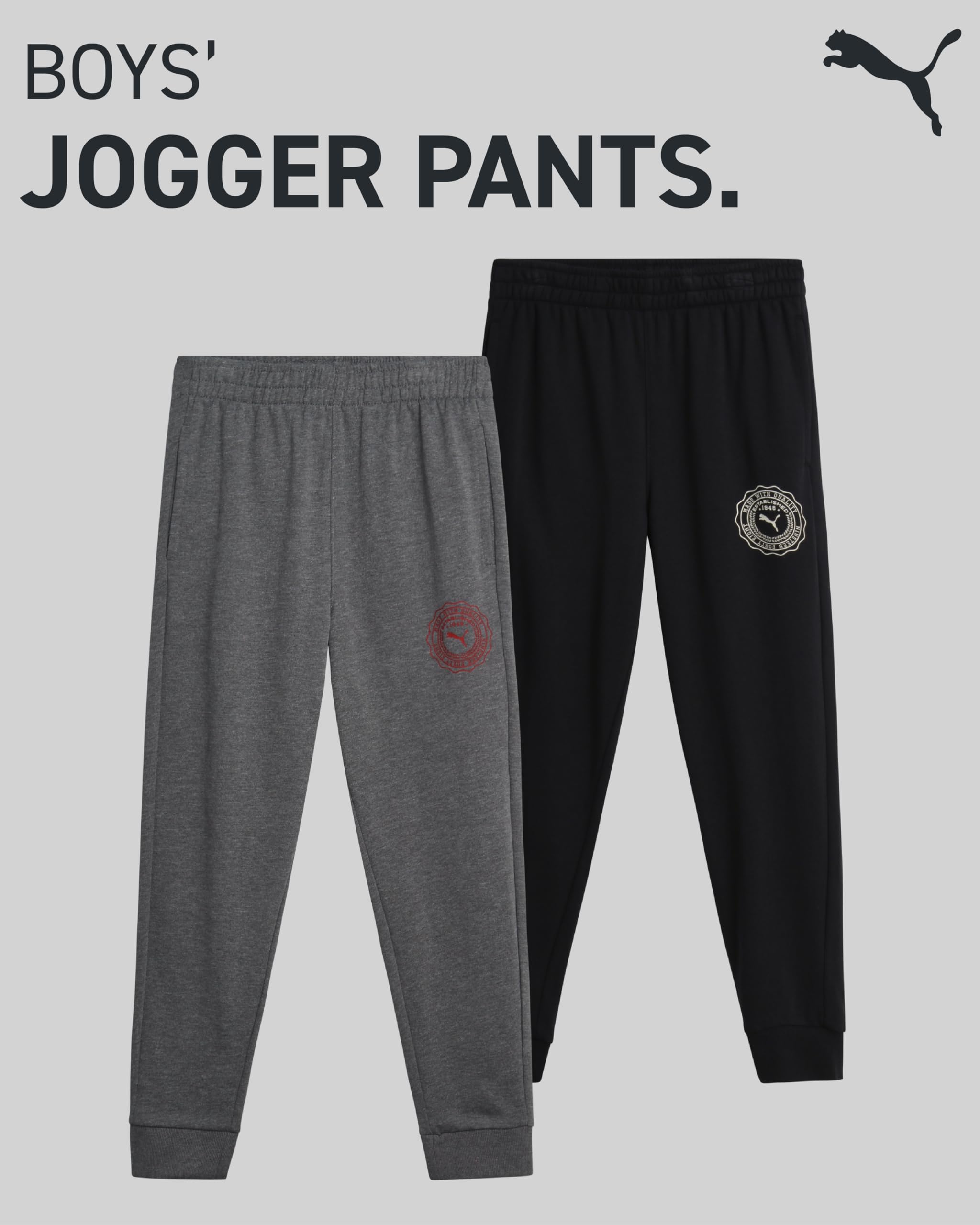 PUMA Boys' Sweatpants - 2 Pack French Terry Performance Active Jogger Pants - Boys Athletic Pants (S-XL), Size Medium, Black/Charcoal