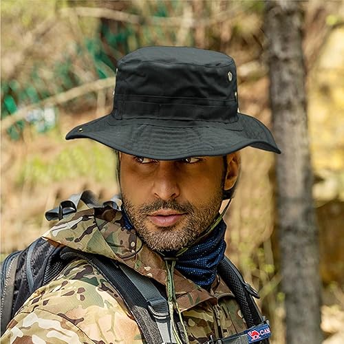Miniatura 6 de Sombrero de camuflaje Boonie para hombres y mujeres, sombreros tácticos militares de ala ancha, UPF50+ sombreros de sol de la selva para pesca,