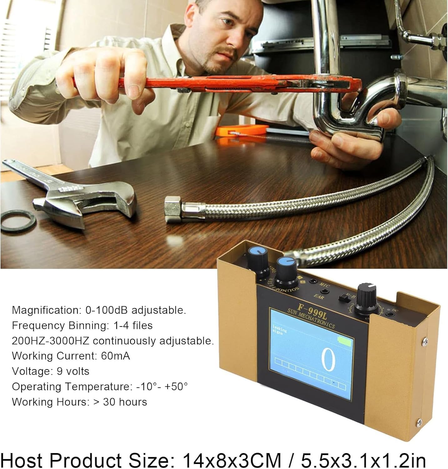 Detector de Fugas de Agua subterránea F999L con Auriculares, Sensor de geófono de Fugas de Agua, con Frecuencia Ajustable de 4 Niveles, para Pisos, Paredes