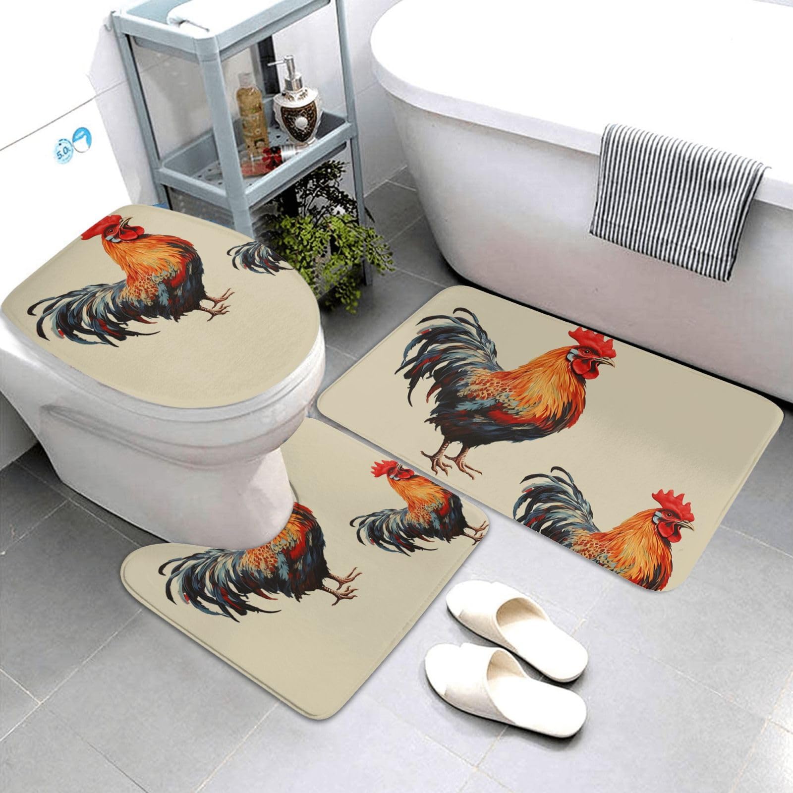 Dwrepo Animal Art Chicken Painting Print Bathroom Rug Set 3 Piece with Non-Slip U-Shaped Contour Mat and Toilet Lid Cover for Bathroom Decoration
