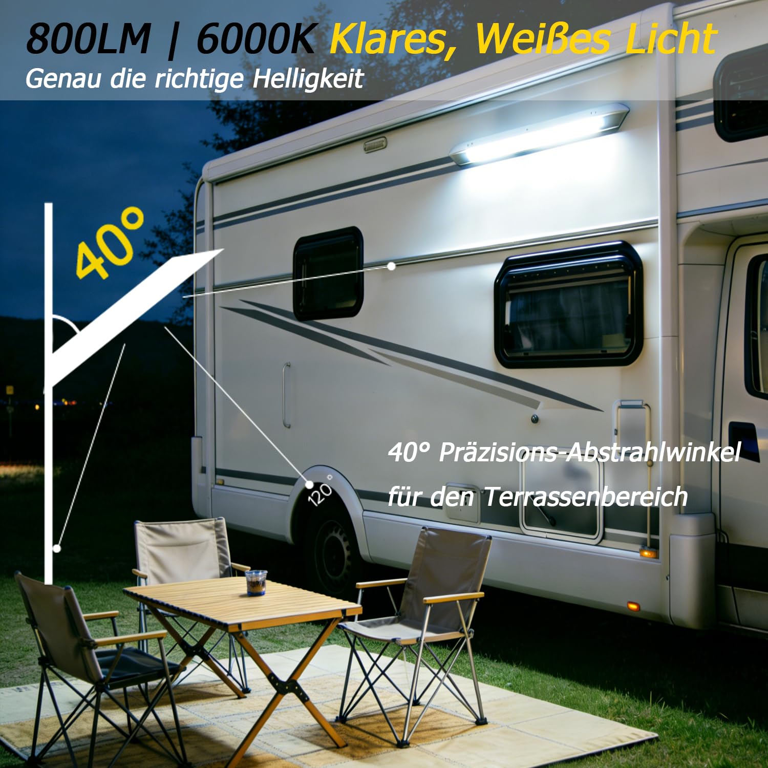 D-lite Wohnwagen Beleuchtung Außen, Vorzeltleuchte LED, 12V, 12W, Kaltweiß Licht 6000K, 800LM, IP66, 55CM LED Lichtleiste, Schwarz Aluminium, für Außenbereich, Wohnmobil, Camper, Caravan