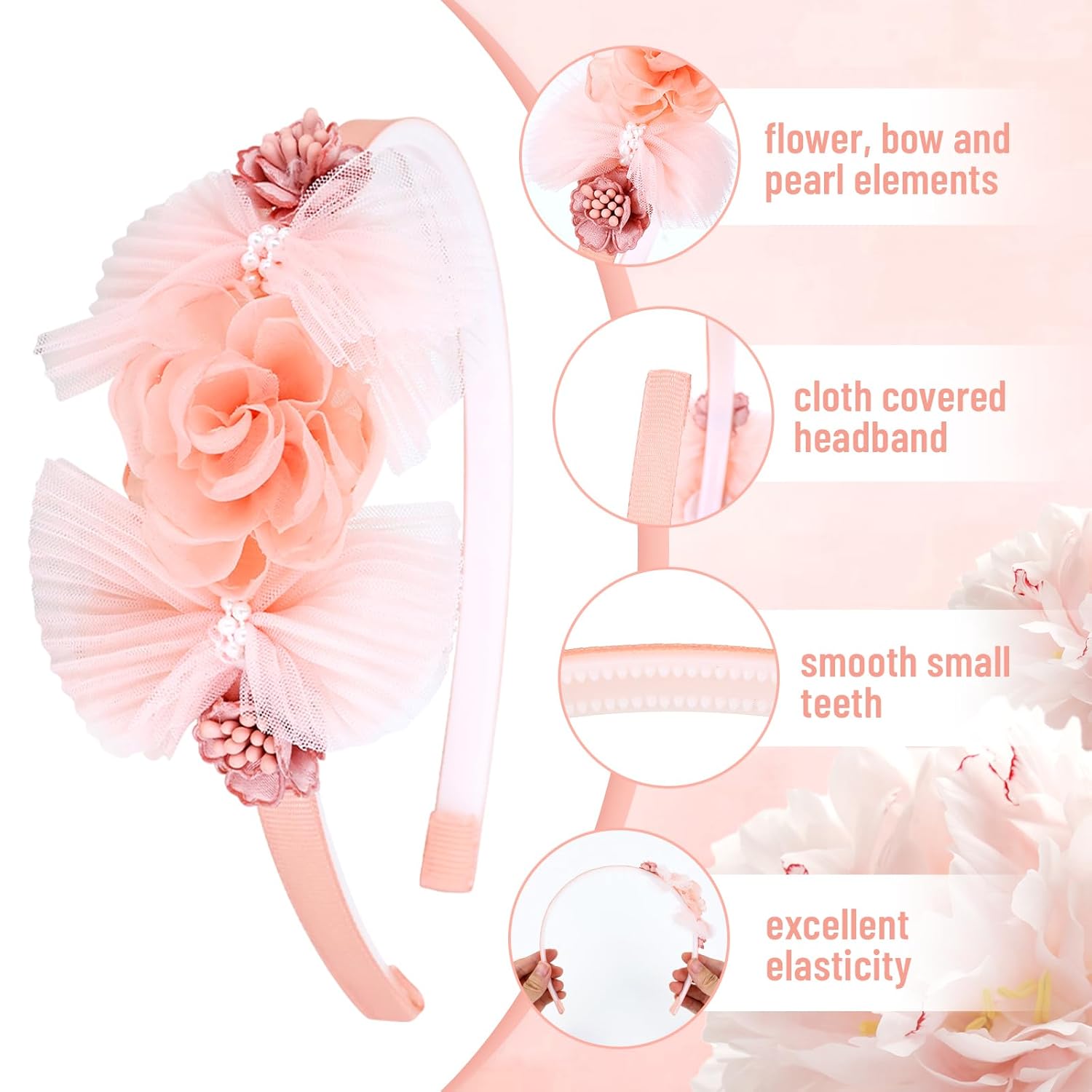 5 Pieces Pink Ivory Chiffon Flower Plasitc Headbands Floral Hair Bands Hoops Accessories - Image 3