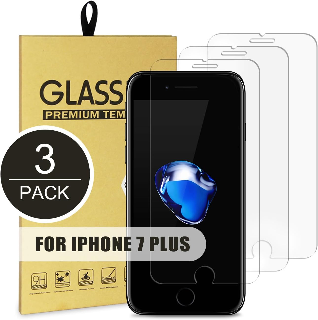 iPhone 8 Plus Clear Tempered Glass Screen Protector 9H Hardness HD for Apple iPhone 8 Plus / 7 Plus (3-Pack)