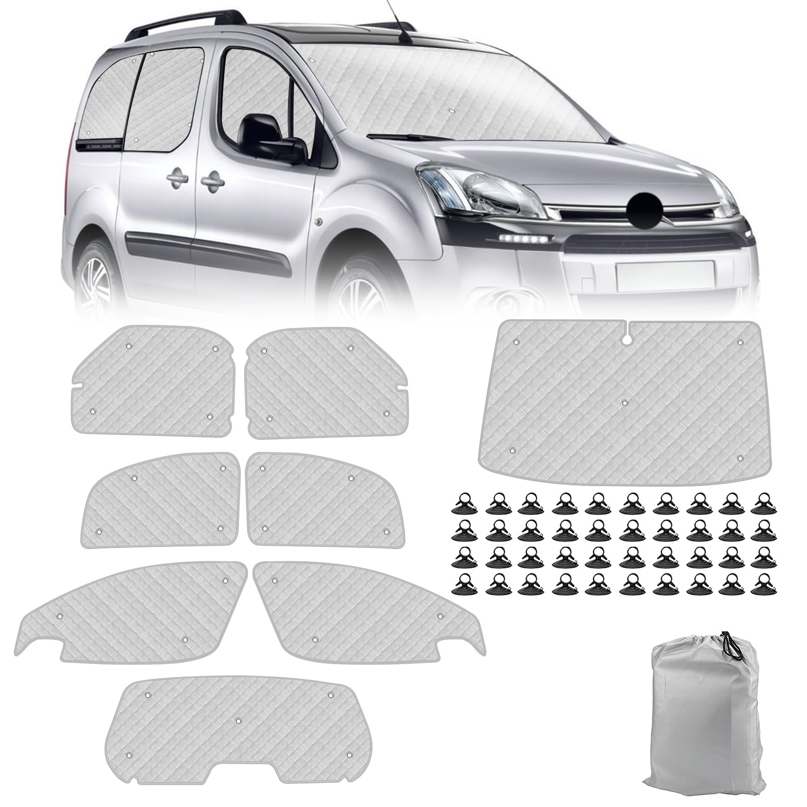Parasol para Parabrisas Coche Compatible con Citroen Berlingo 2008-2018, Juego de 8 Plegables Parasoles para Interior Coche, Alfombrillas Térmicas Internas con Bolsa de Almacenamiento
