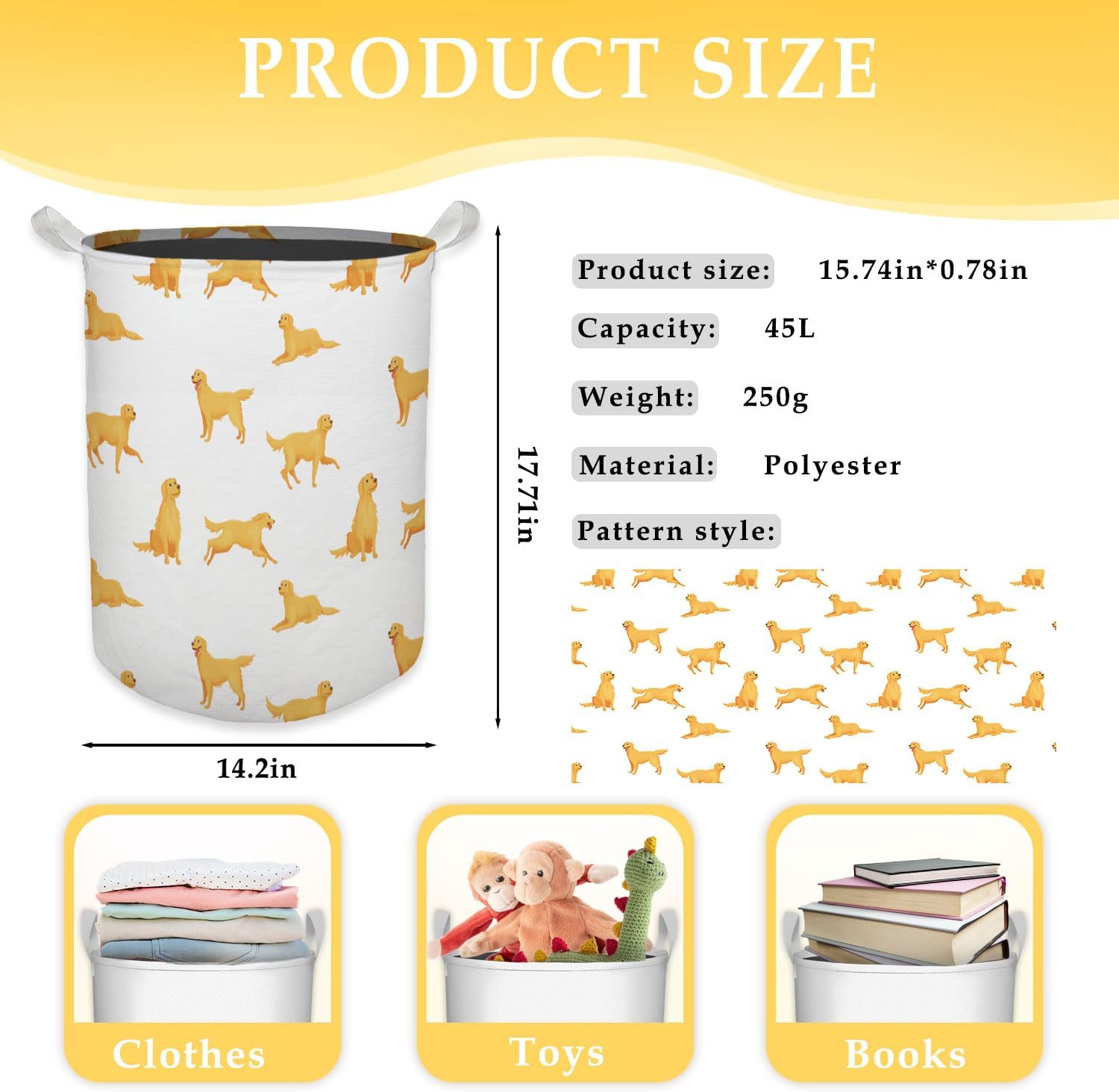 Golden Retriever Dog Laundry Basket, Toybox for Boys Girls, Golden Retriever Laundry Basket Hamper Waterproof Collapsible Clothes Toys Storage Bin Organizer for Bedroom Bathroom Kids Room Dorm