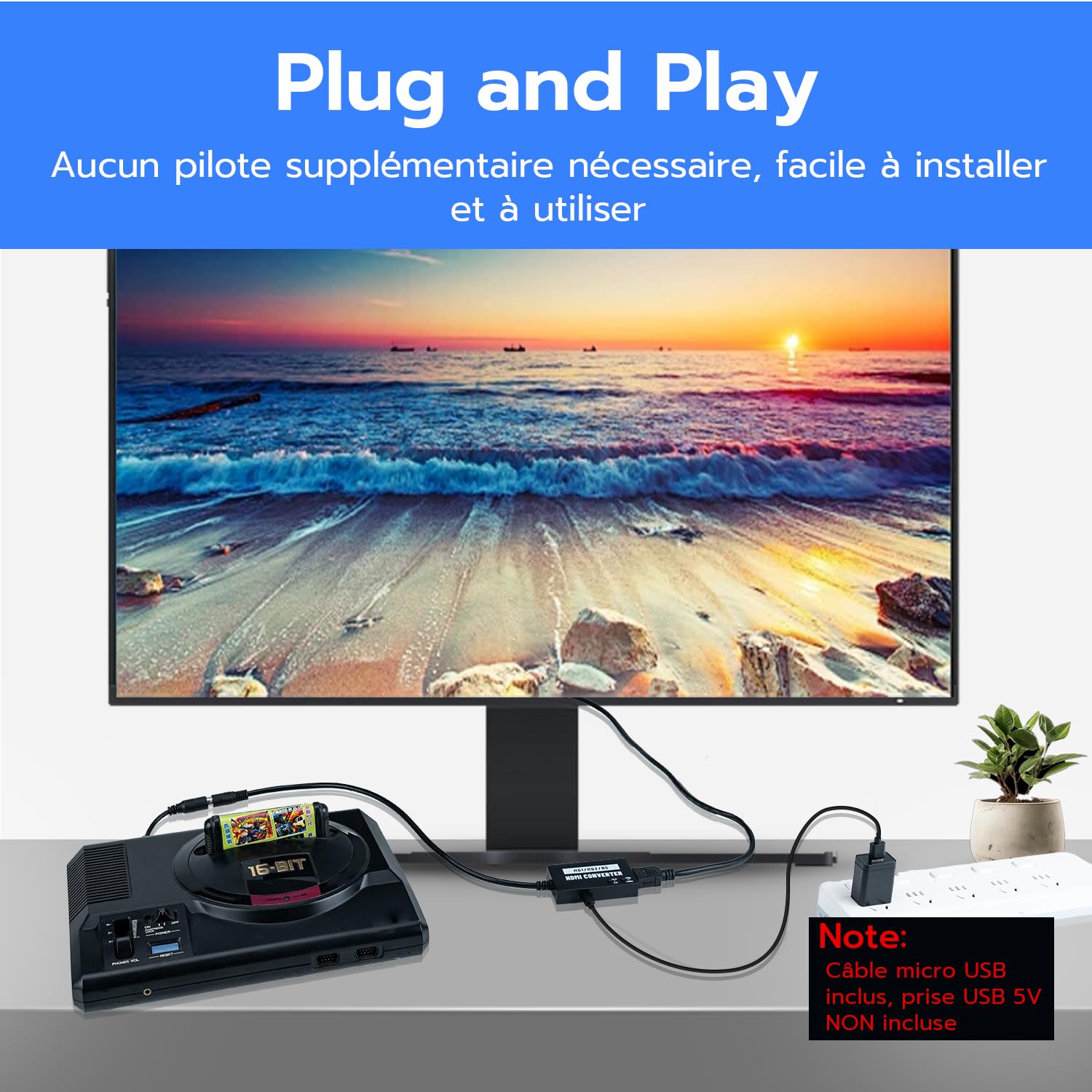 Mcbazel Adaptateur HDMI sans Couture pour Mega Drive/NEOGEO pour HDTV, Convertisseur vidéo Multifonction 4:3/16:9, 720P/1080P pour Mega Drive 1/Mega Drive 2/NEOGEO