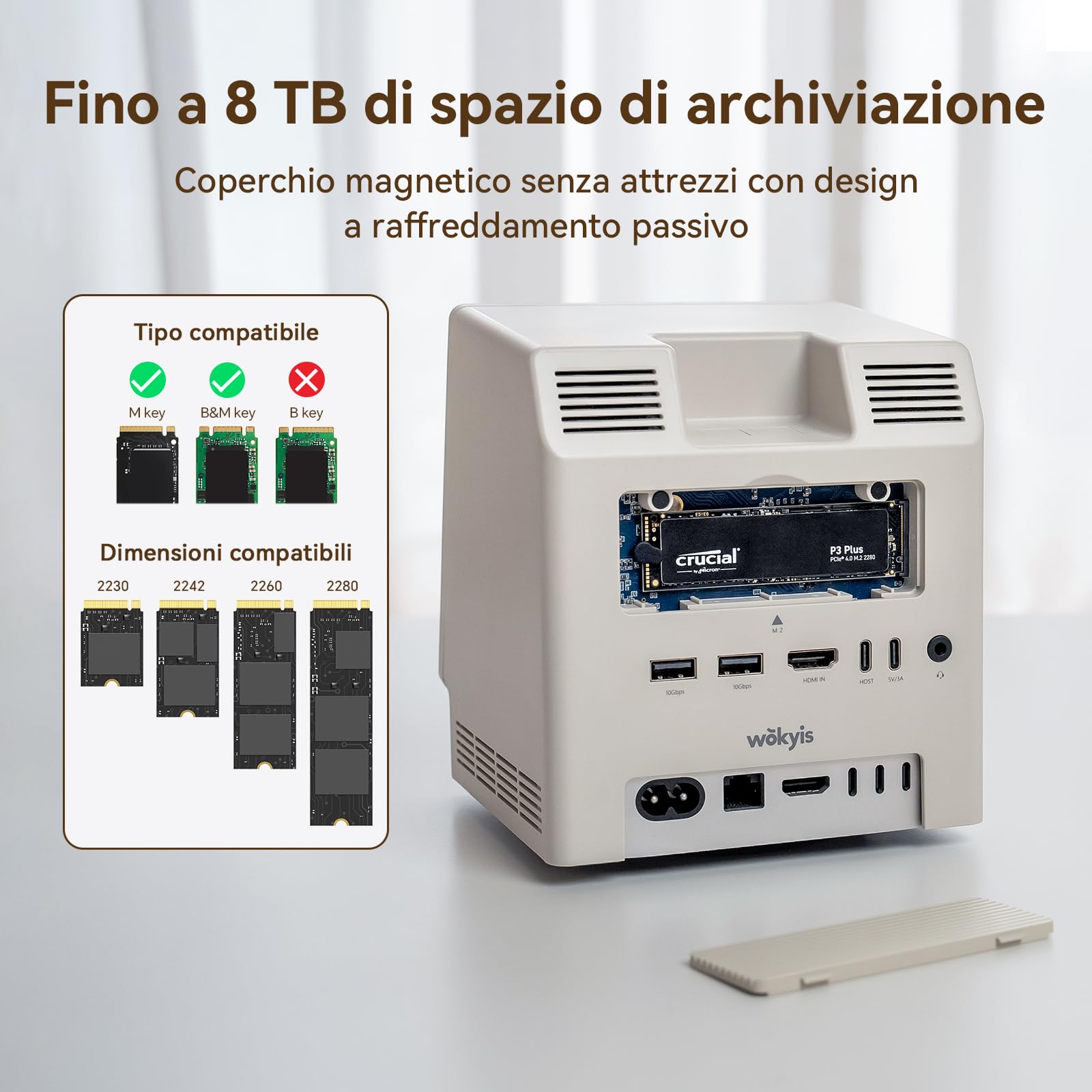 M5 - Base di connessione per Mac mini M4 (schermo HD da 5 pollici, custodia SSD M.2 NVMe, lettore di schede SD/Micro SD 4.0, 4 porte USB-A, 1 USB-C (10 Gbps), jack per cuffie da 3,5)