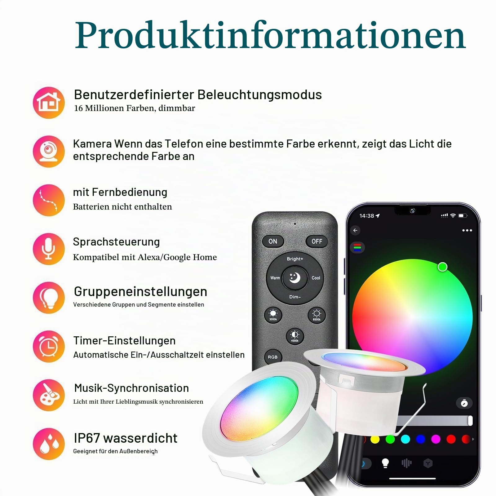 WLAN RGB Bodenstrahler Außen 20er Set | IP67 Wasserdicht, DC12V, Ø30mm, App/Alexa-Steuerung, befahrbar, 50.000h Lebensdauer und dimmbar