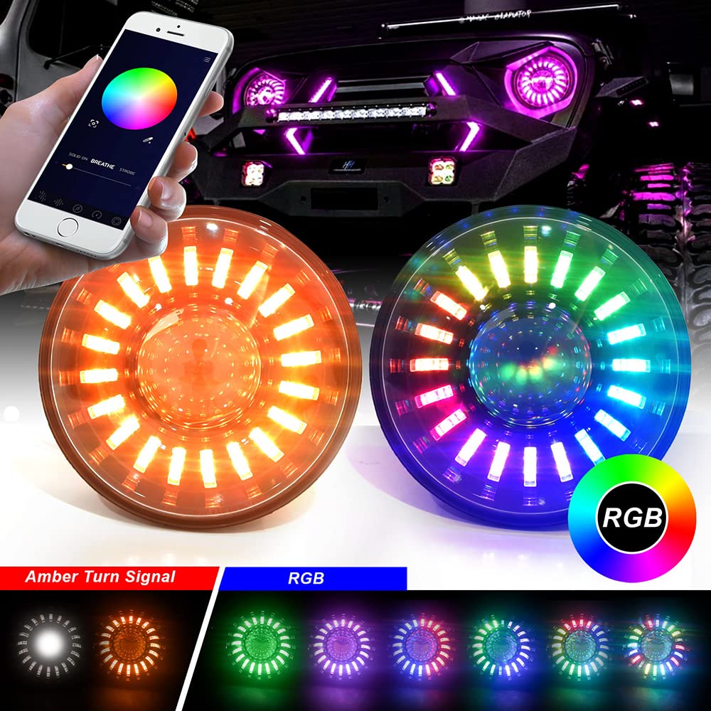 AIVYNA Indicatore di Direzione da 7 Pollici Luce Halo H4 Faro Alto Anabbagliante Controllo App Luce di Marcia Diurna per Jeep Wrangler JK 2 Pezzi