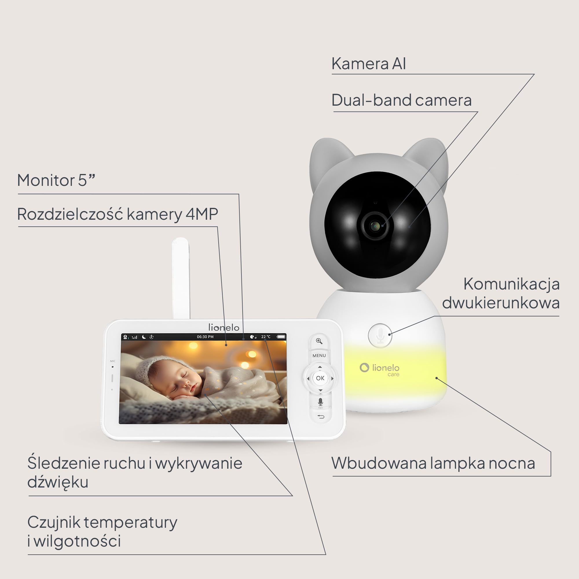 Lionelo Babyline 9.2 Ai Niania Elektroniczna Wideo, Kamera 2K, Monitor 5", WiFi, Alerty AI, Śledzenie Ruchu, Wykrywanie Płaczu i Zakrycia Głowy, VOX, IR, Aplikacja, Czujnik Temperatury i Wilgotności